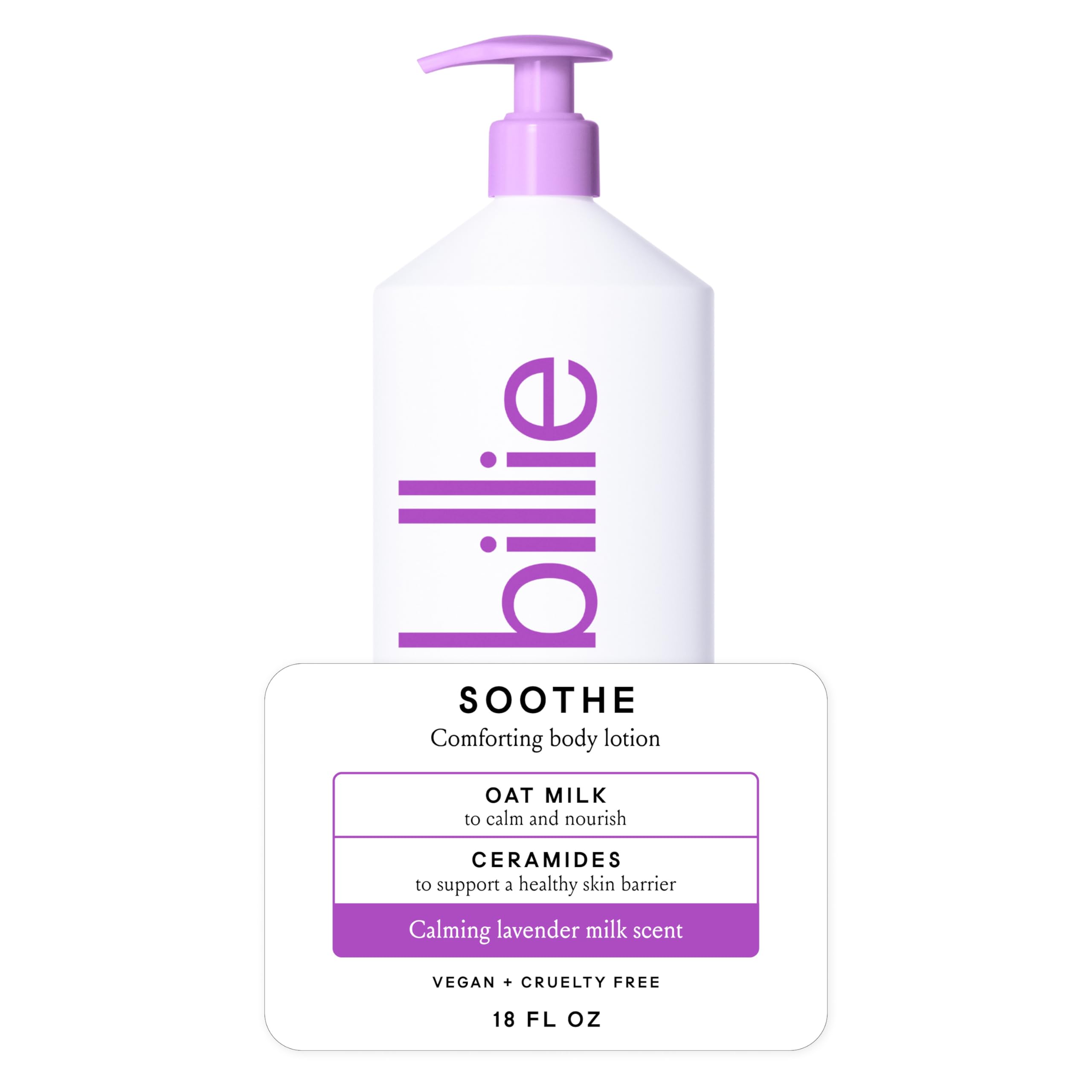 Billie Soothe body lotion bottle front shows vegan formula for quick absorption