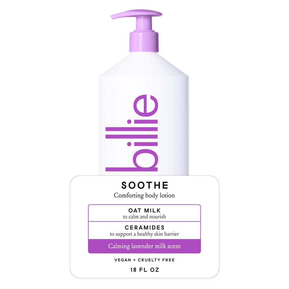 Billie Soothe body lotion bottle front shows vegan formula for quick absorption