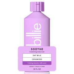 Billie Soothe: botella vertiendo para hidratación suave de la piel.