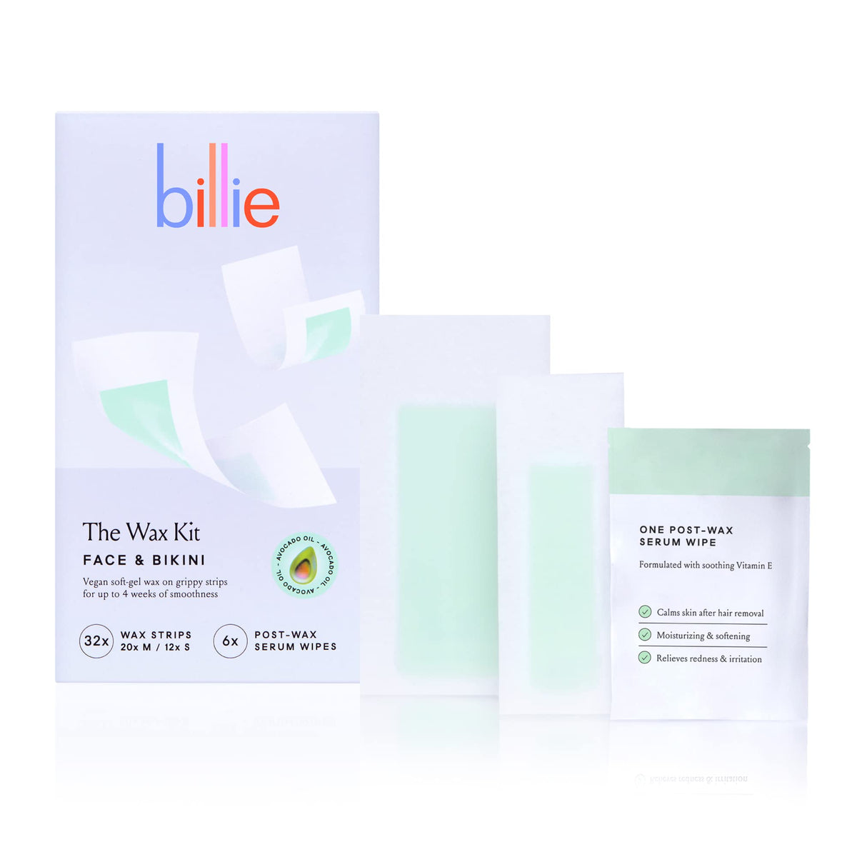 Billie Wax Kit in package shows face and bikini strips for quick hair removal prep.