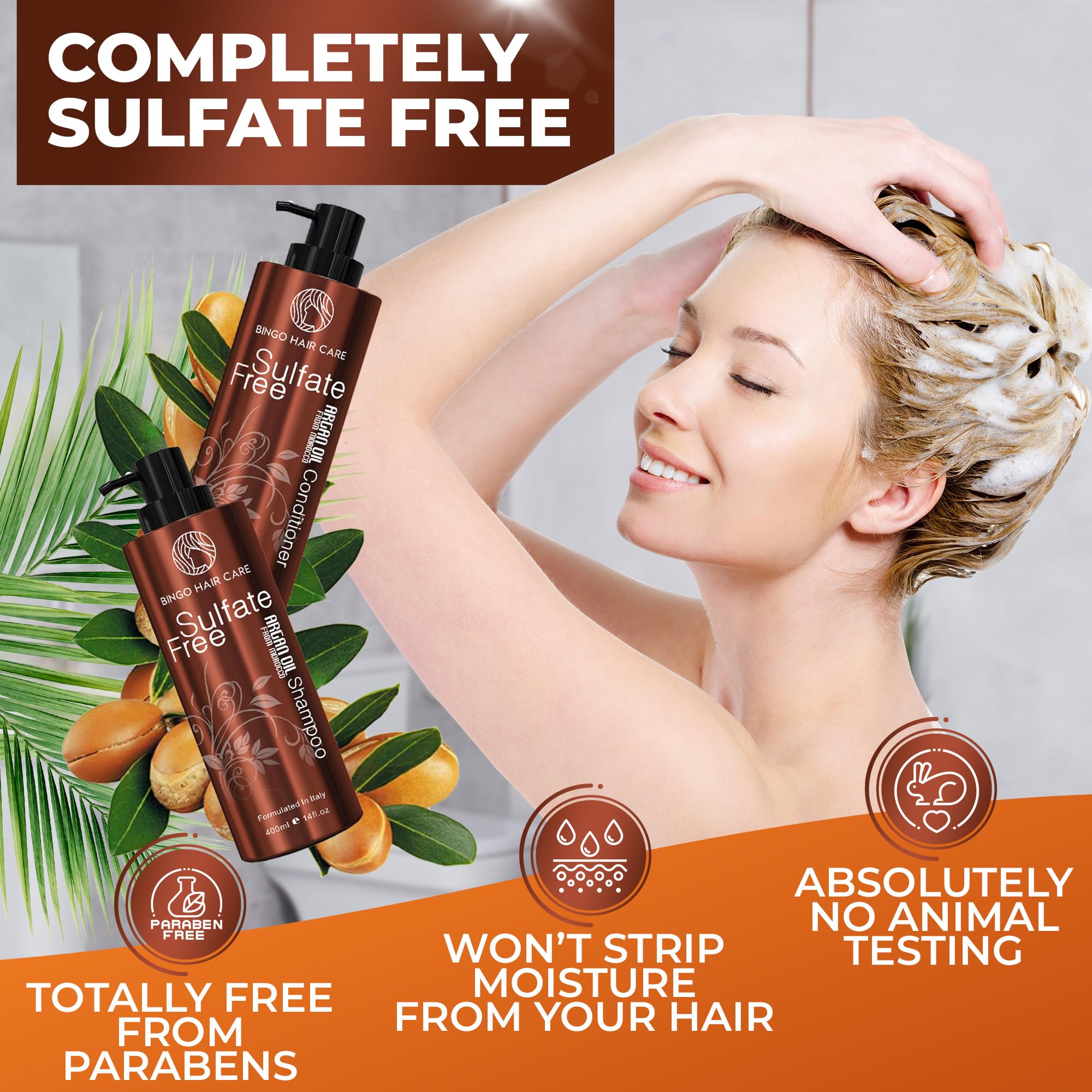 Bingo Hair Care anti-frizz shine closeup highlighting smooth look.