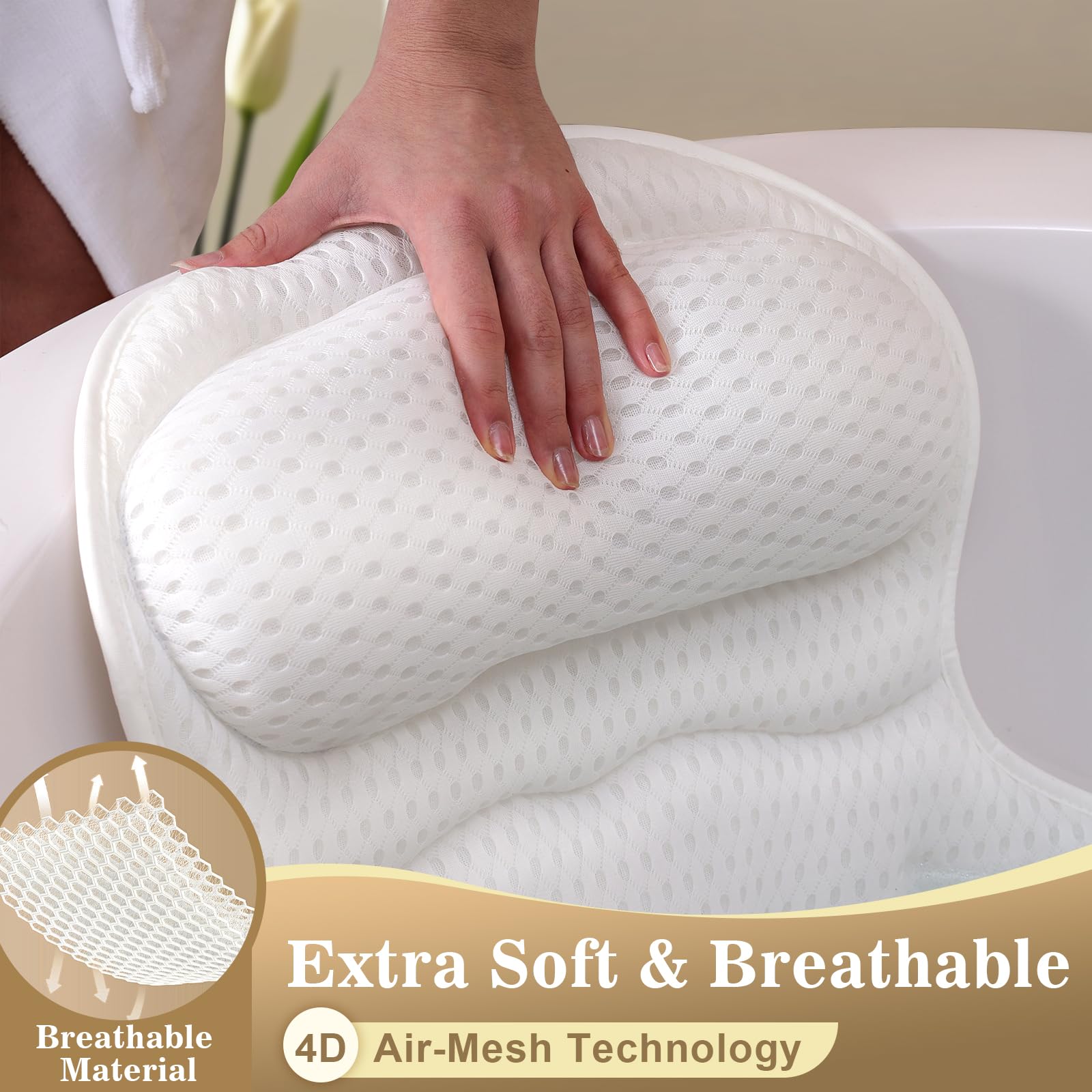 Binobella bath pillow featuring 4D air mesh promotes airflow and quick drying.