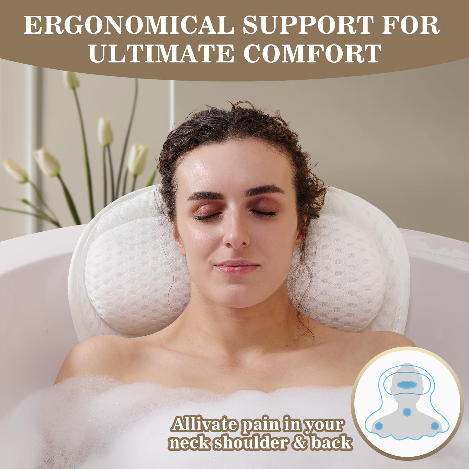 Binobella bath pillow back and shoulder relief helps relax after a long day.