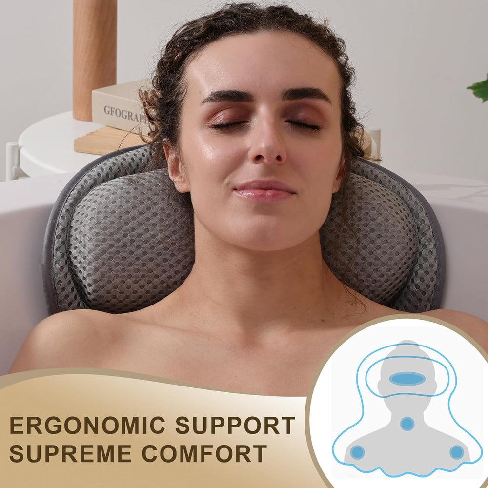 Binobella bath pillow supports head, neck, and back for ergonomic comfort.