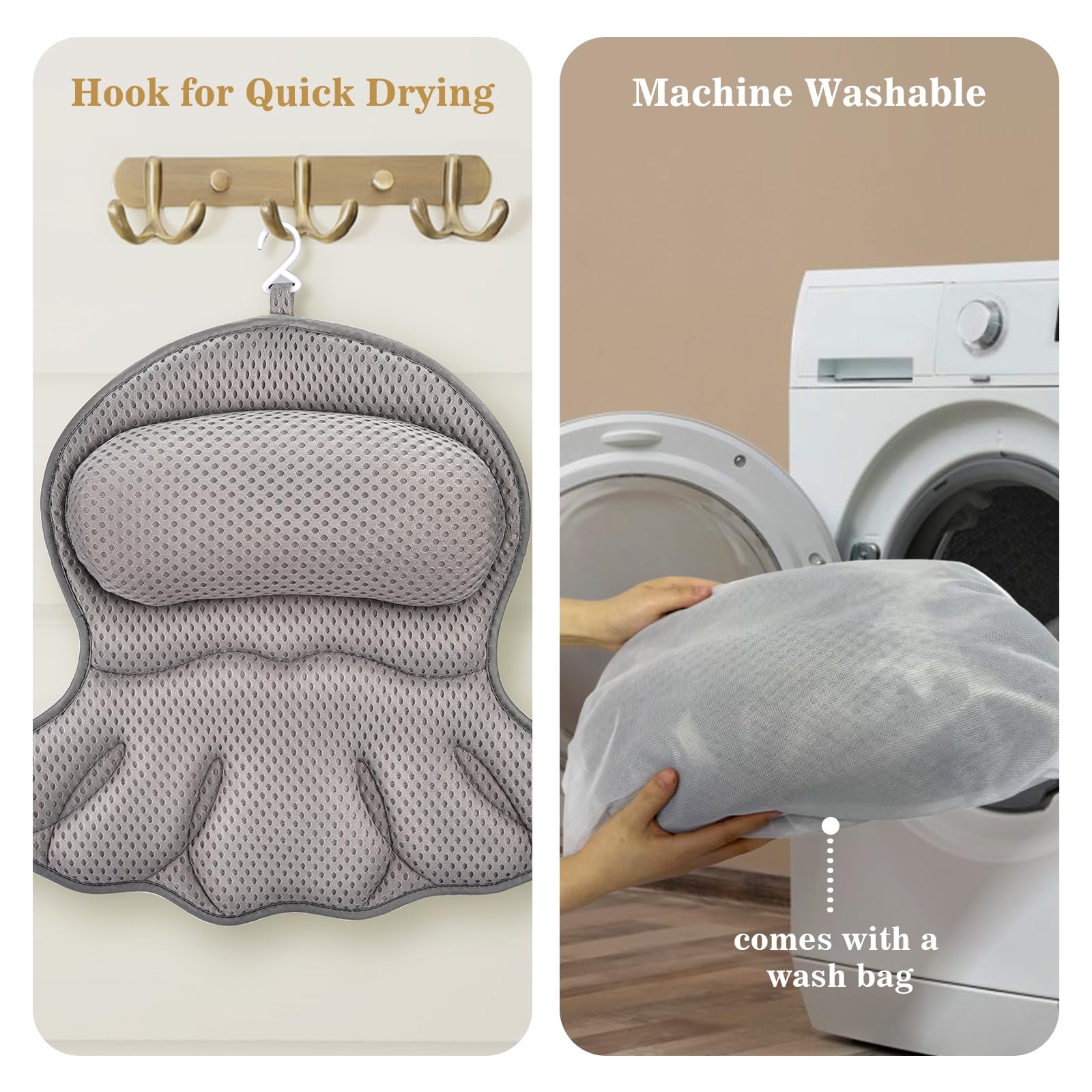 Binobella bath pillow includes a hanging loop for quick drying after use.
