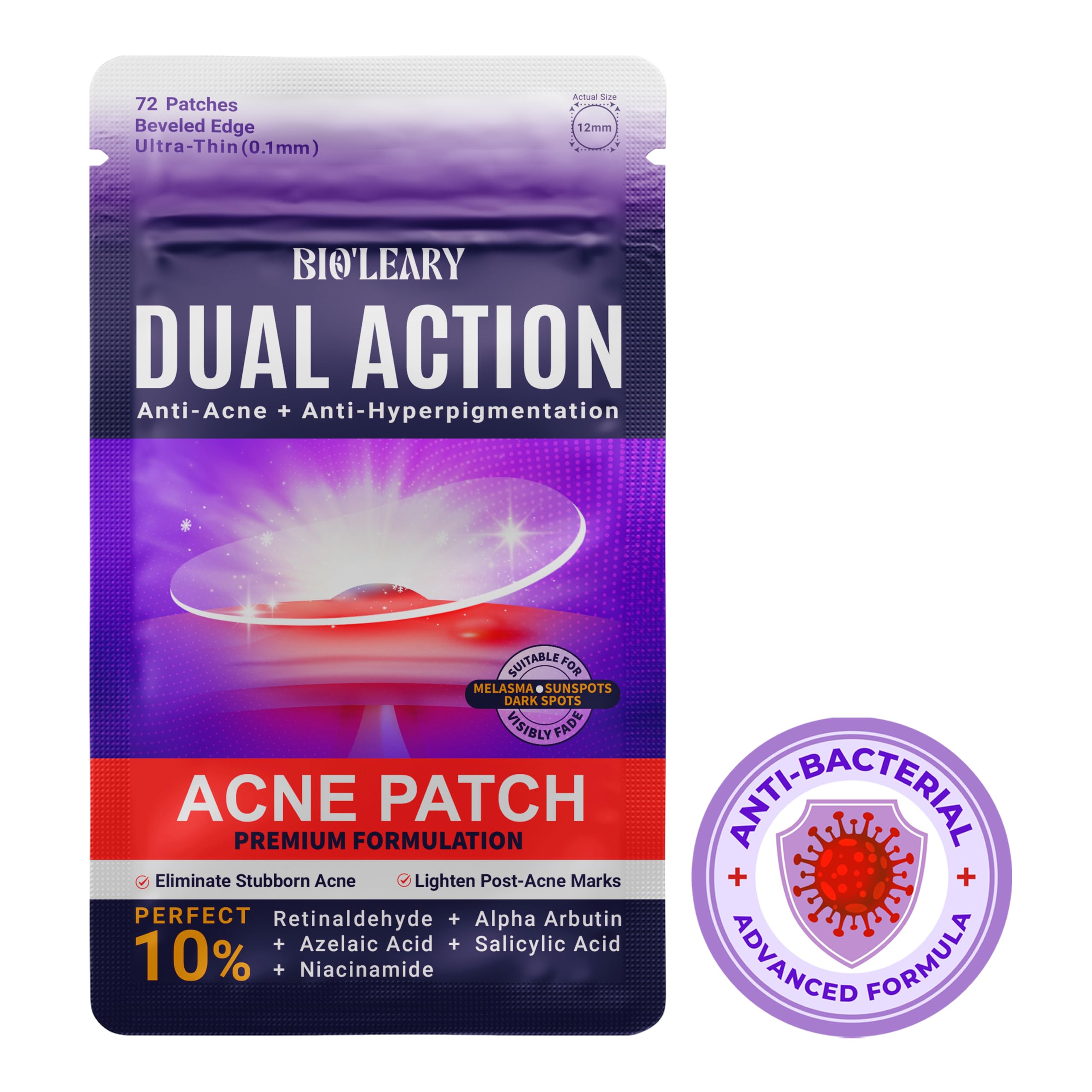 BIO'LEARY acne patch packaging 72-count for convenient blemish protection.