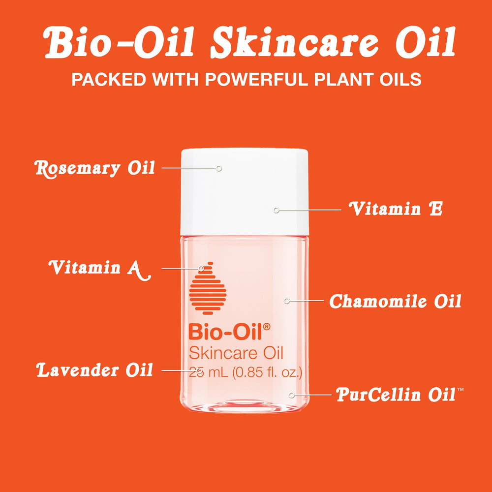 Illustration of Bio-Oil ingredients: Vitamin E, lavender, chamomile.