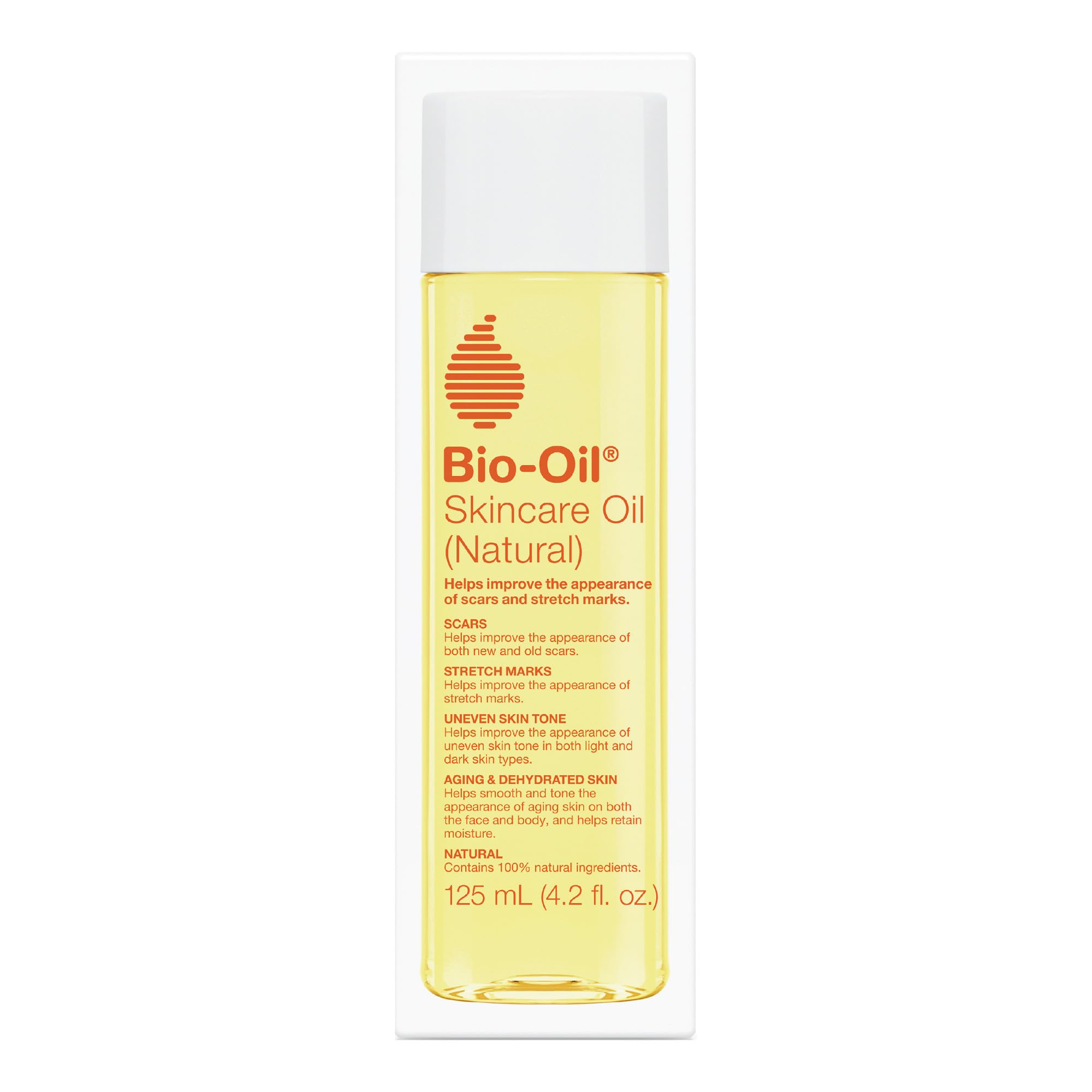 Bio-Oil bottle pouring onto skin, fast-absorbing formula for scar and stretch mark care.