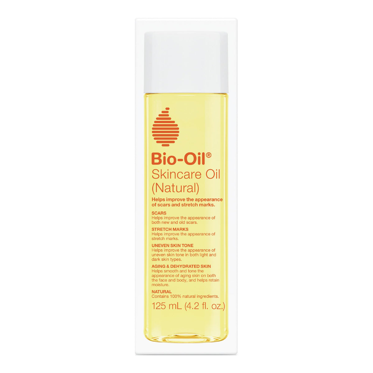 Bio-Oil bottle pouring onto skin, fast-absorbing formula for scar and stretch mark care.