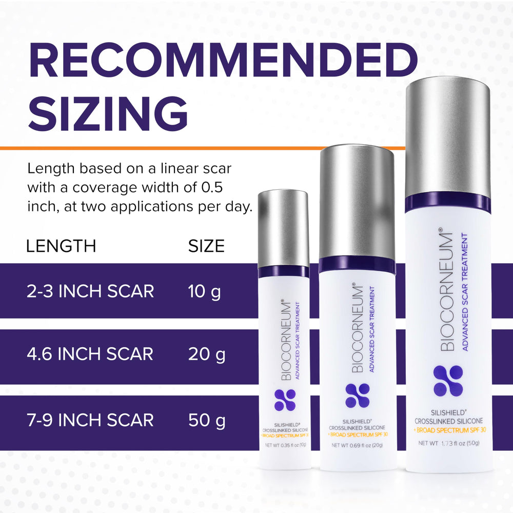 BIOCORNEUM 10g tube packaging shown for convenient daily scar care