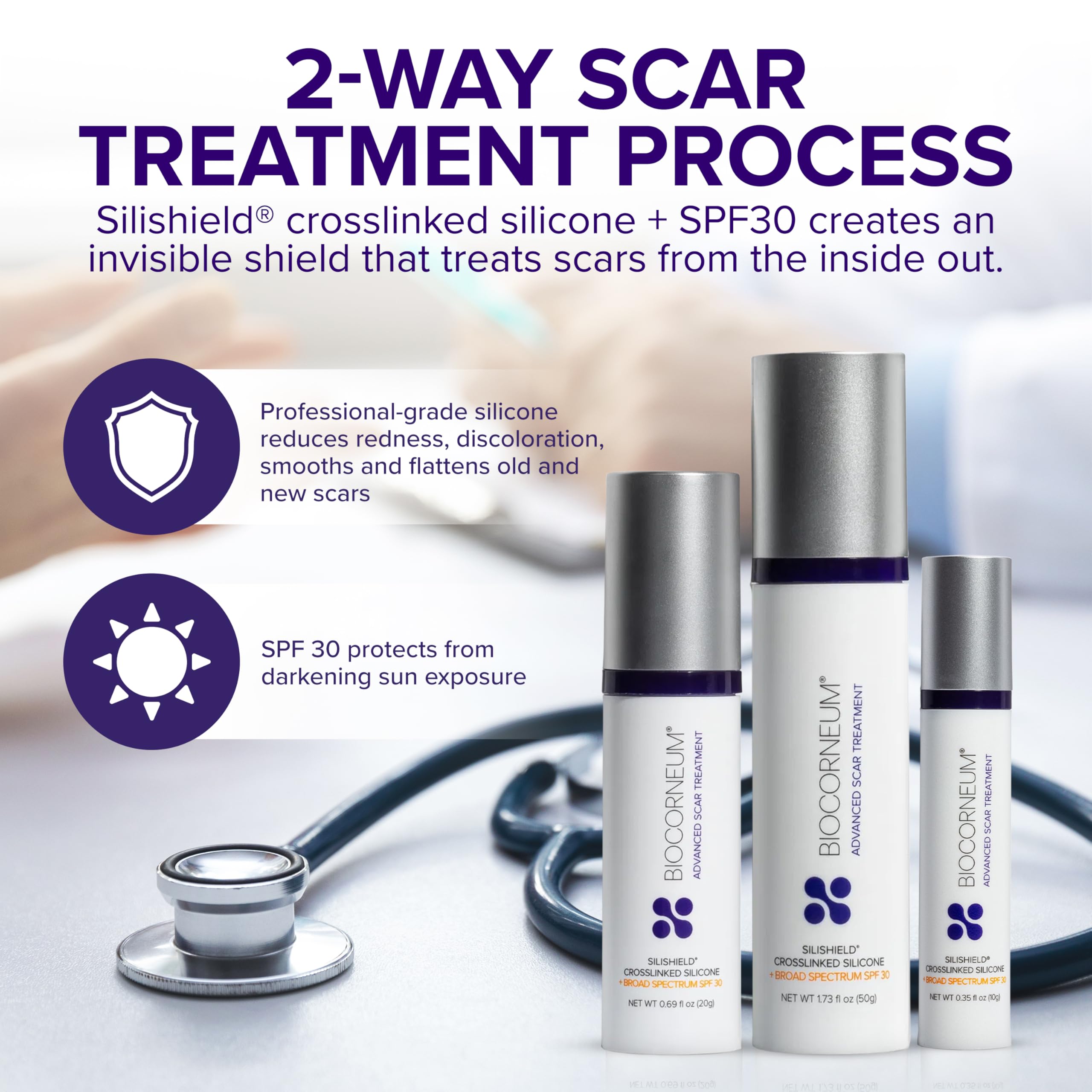 BIOCORNEUM SPF 30 bottle label communicates sun protection for scars