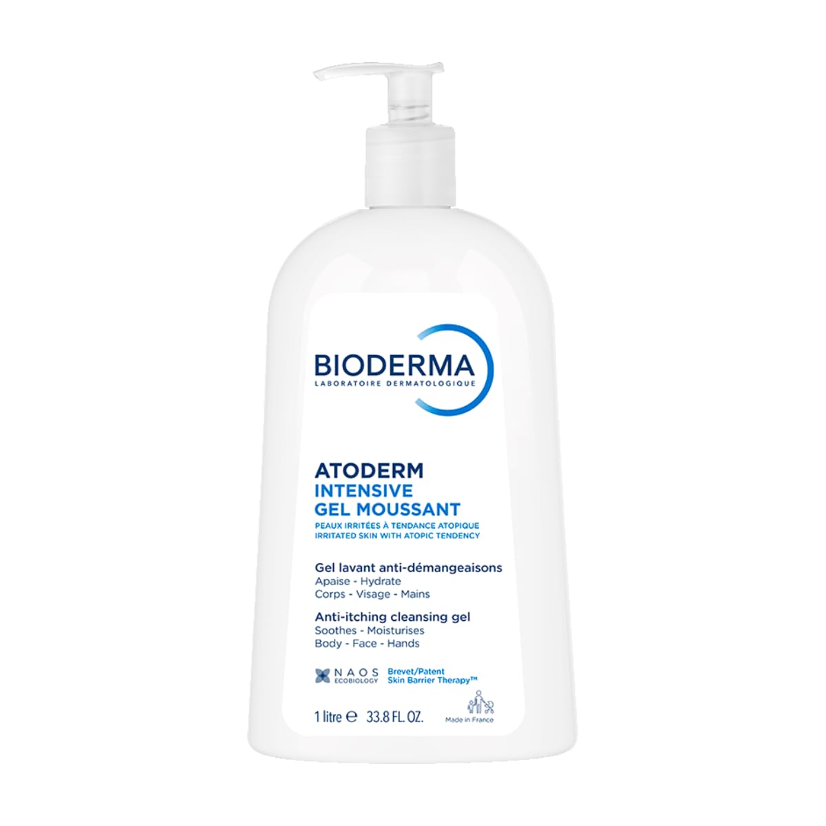 Bioderma Atoderm Intensive Foaming Gel bottle front shows fragrance-free formula for sensitive skin.