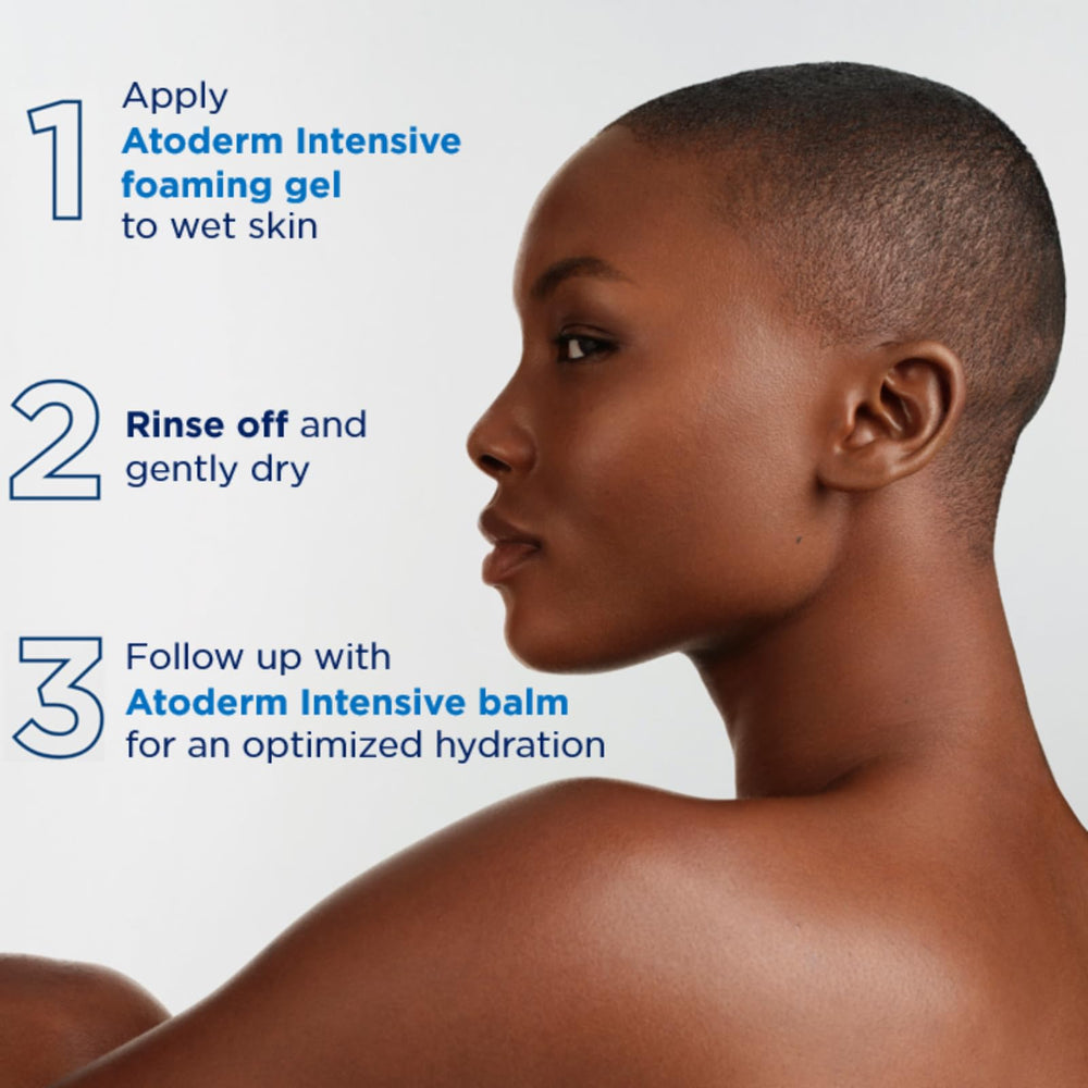 Bioderma Atoderm Intensive Foaming Gel ingredients panel emphasizes glycerin and niacinamide.
