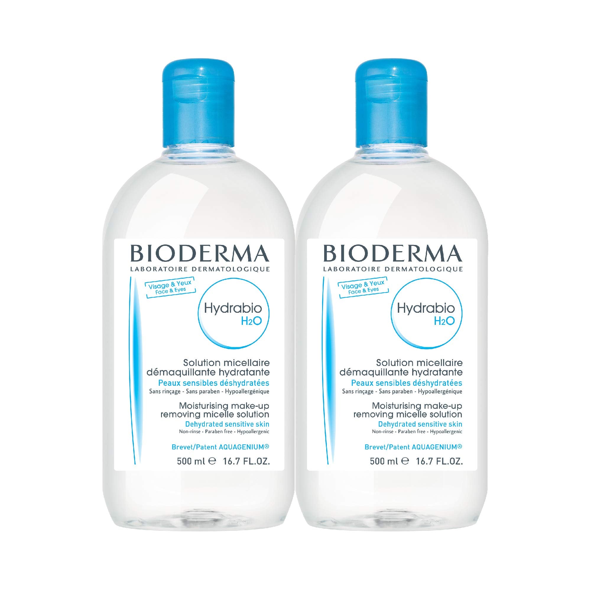 Bioderma Hydrabio H2O bottle close-up highlighting hydrating micellar formula for sensitive skin.