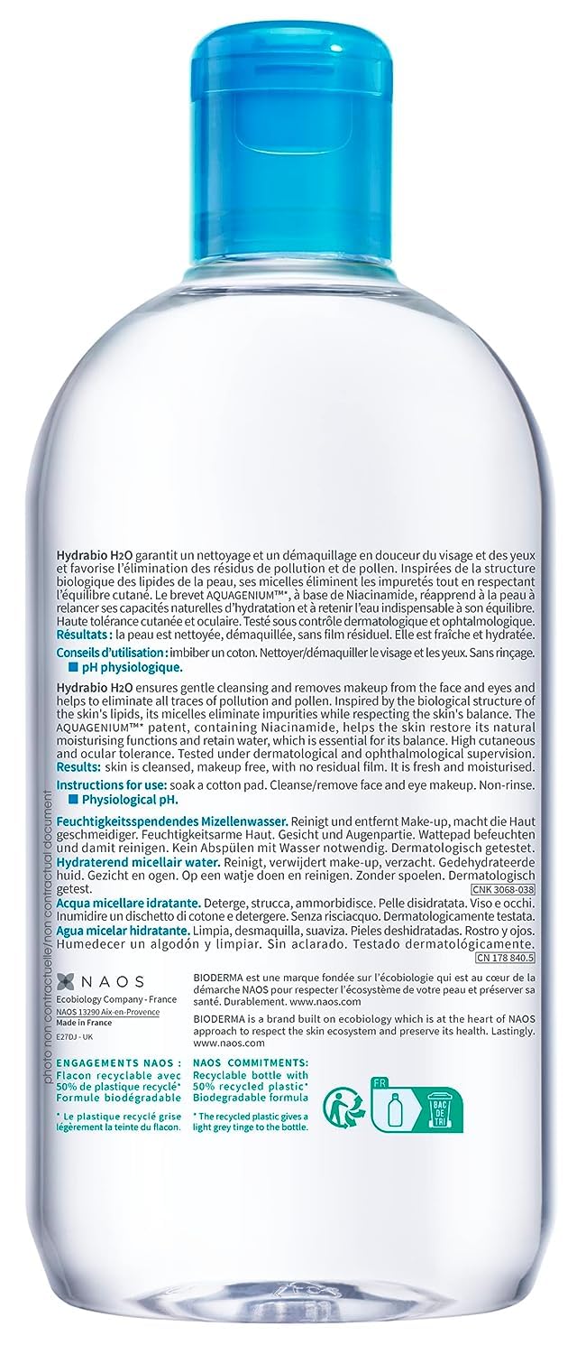 Bioderma Hydrabio H2O on-face makeup removal supporting sensitive skin.