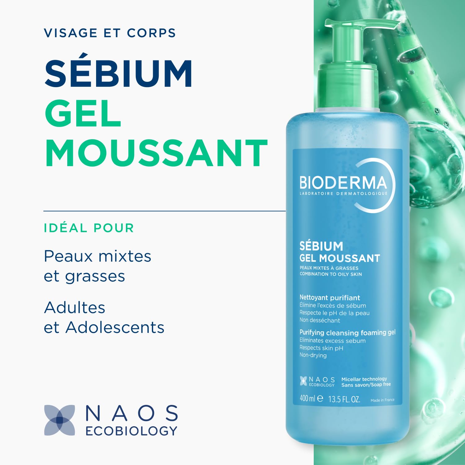 Etiqueta Bioderma en Sébium Gel Espumoso, purifica piel propensa a brillos.