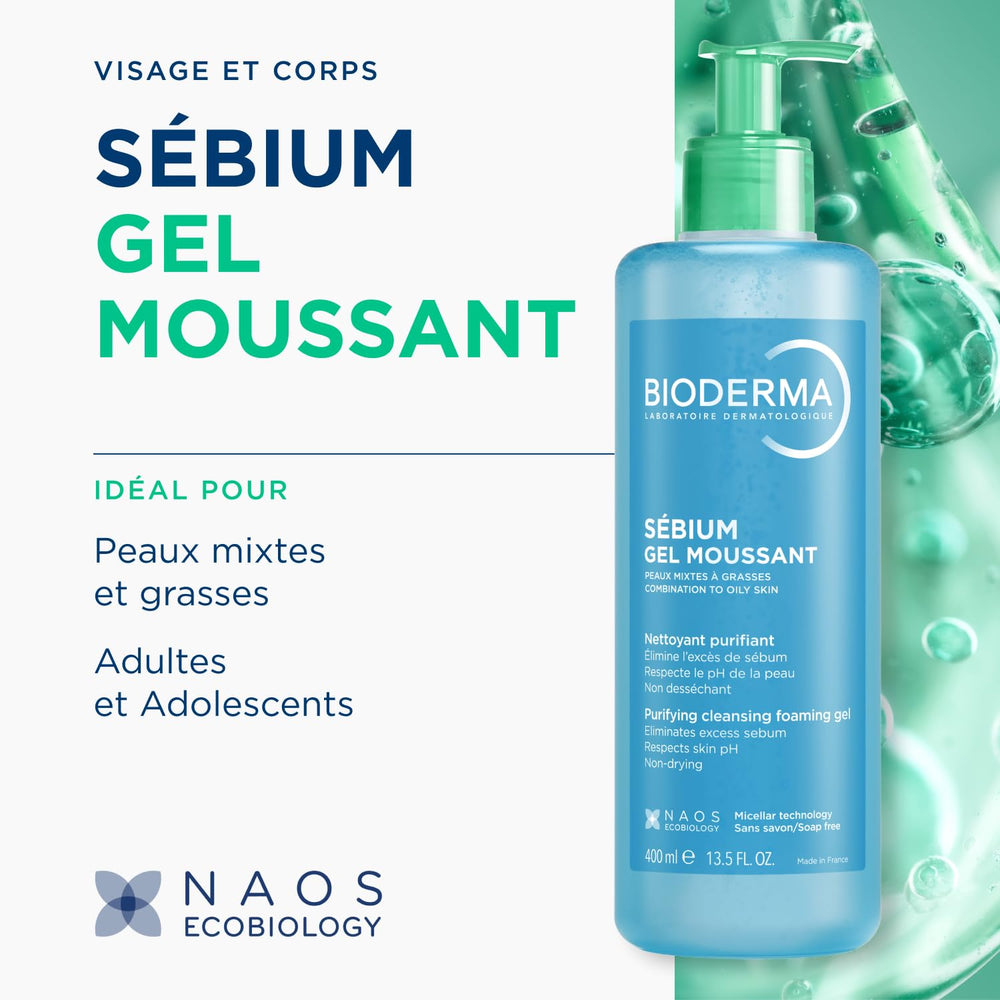 Etiqueta Bioderma en Sébium Gel Espumoso, purifica piel propensa a brillos.