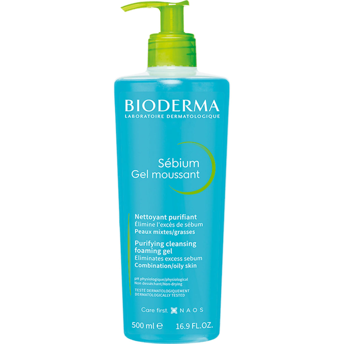 Bioderma Sébium Gel Espumoso frente de la botella, limpieza suave para pieles mixtas.