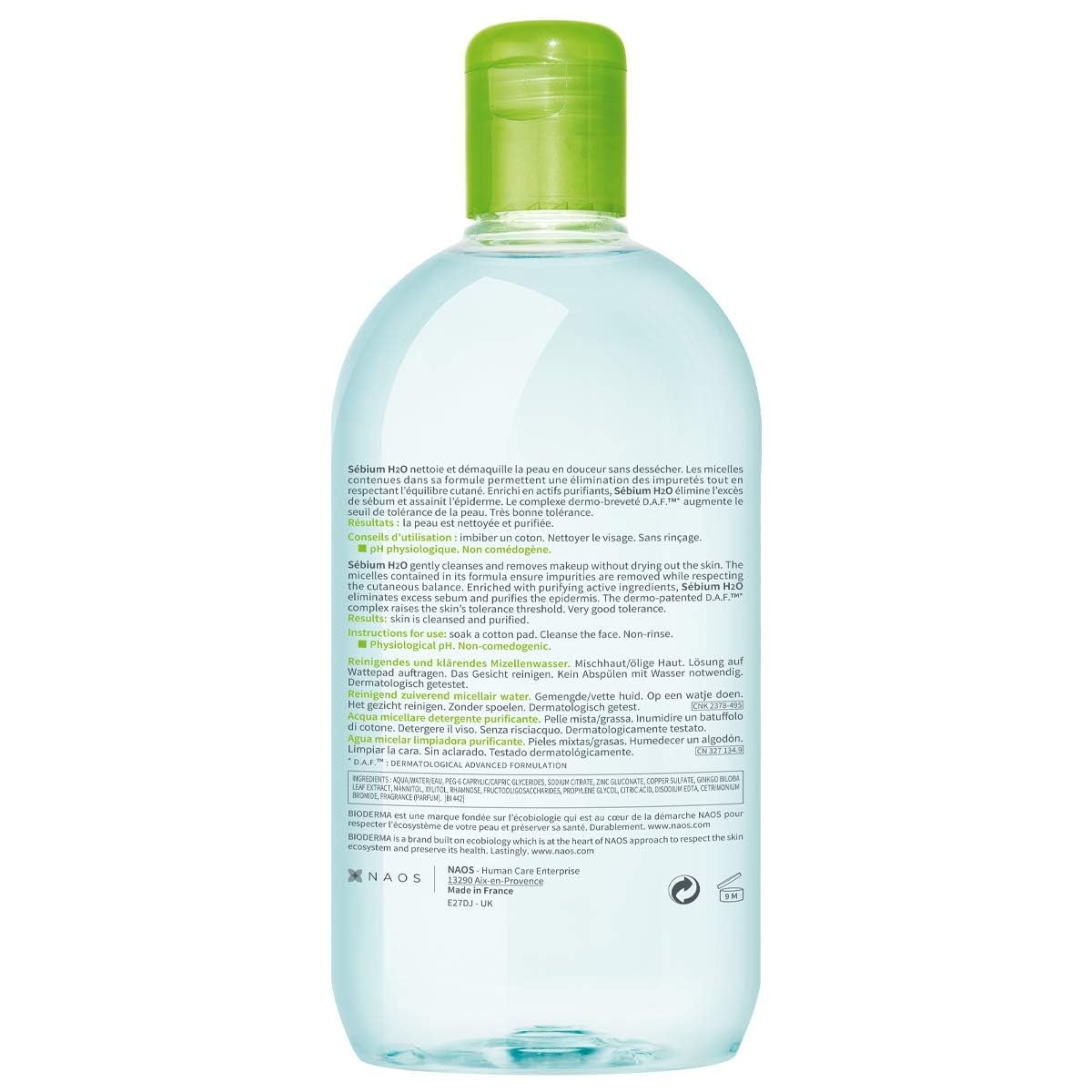 Bioderma Sebium H2O micellar water pour, effective makeup removal without rinsing