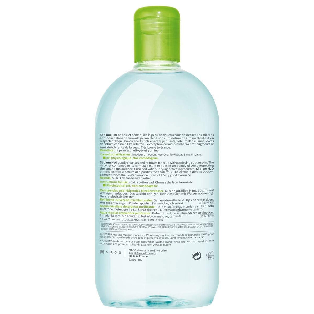 Bioderma Sebium H2O micellar water pour, effective makeup removal without rinsing