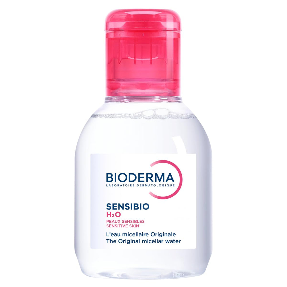 Bioderma Sensibio H2O bottle close-up showing gentle cleansing for sensitive skin.
