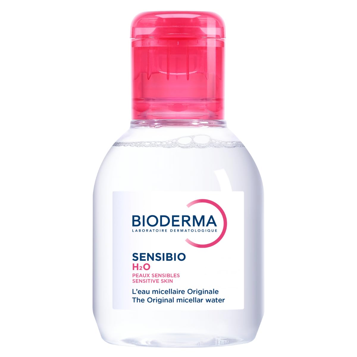 Bioderma Sensibio H2O bottle close-up showing gentle cleansing for sensitive skin.