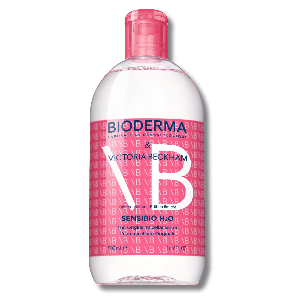 Bioderma Sensibio H2O limited edition bottle designed with Victoria Beckham for gentle cleansing.