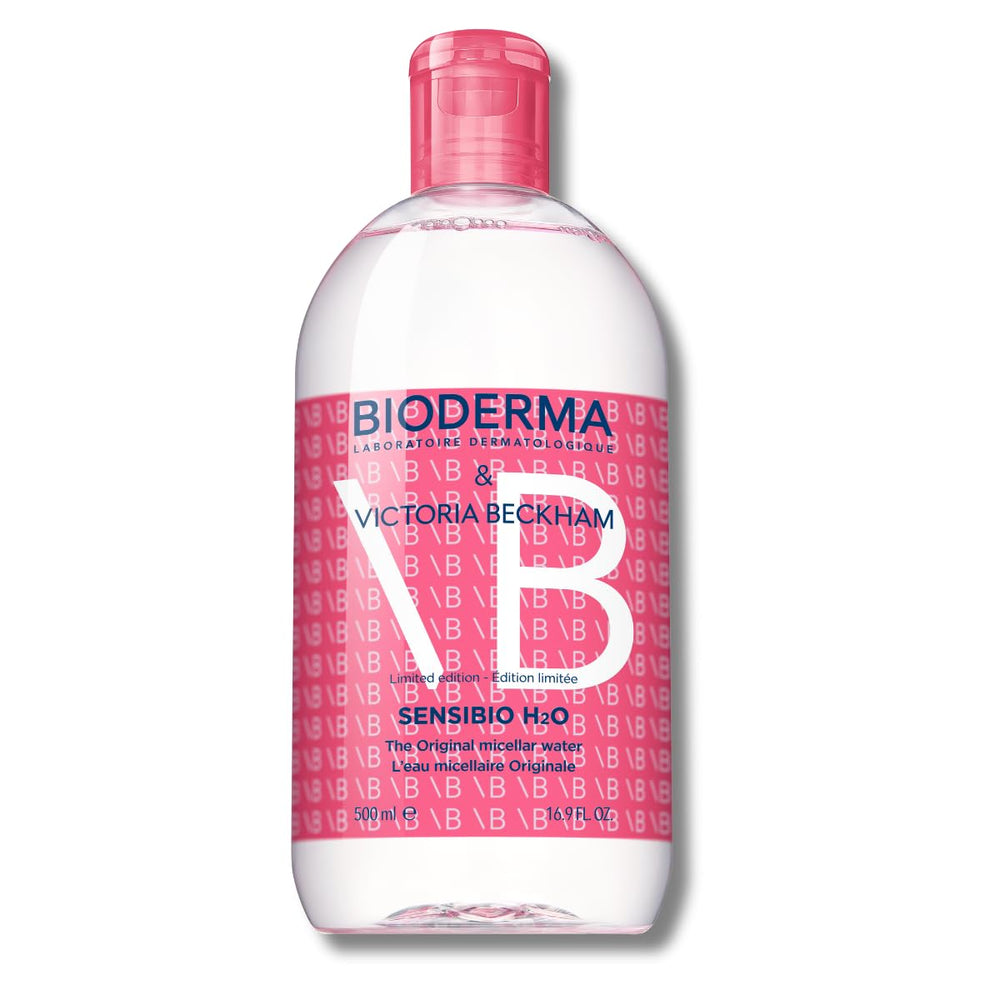 Bioderma Sensibio H2O limited edition bottle designed with Victoria Beckham for gentle cleansing.