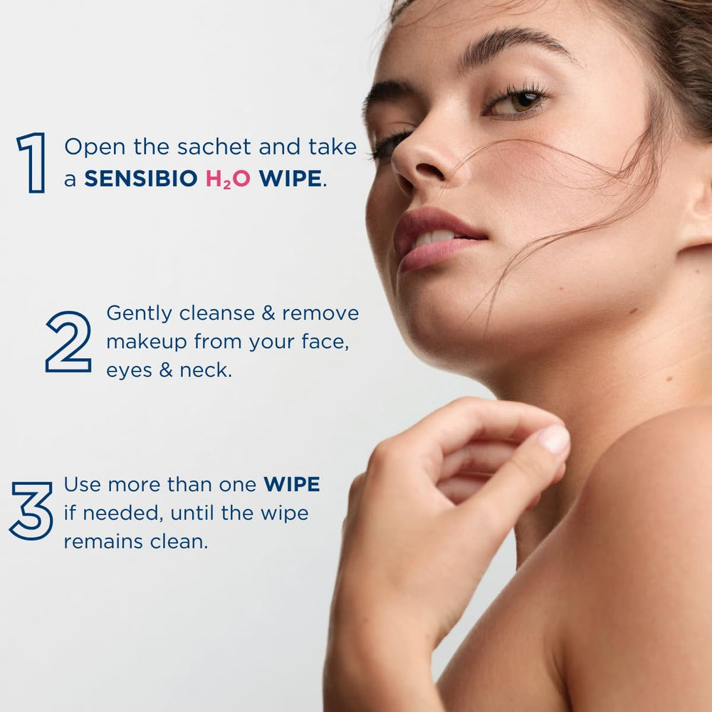 Rostro y cuello limpios con Bioderma Sensibio H2O, desmaquillado suave.