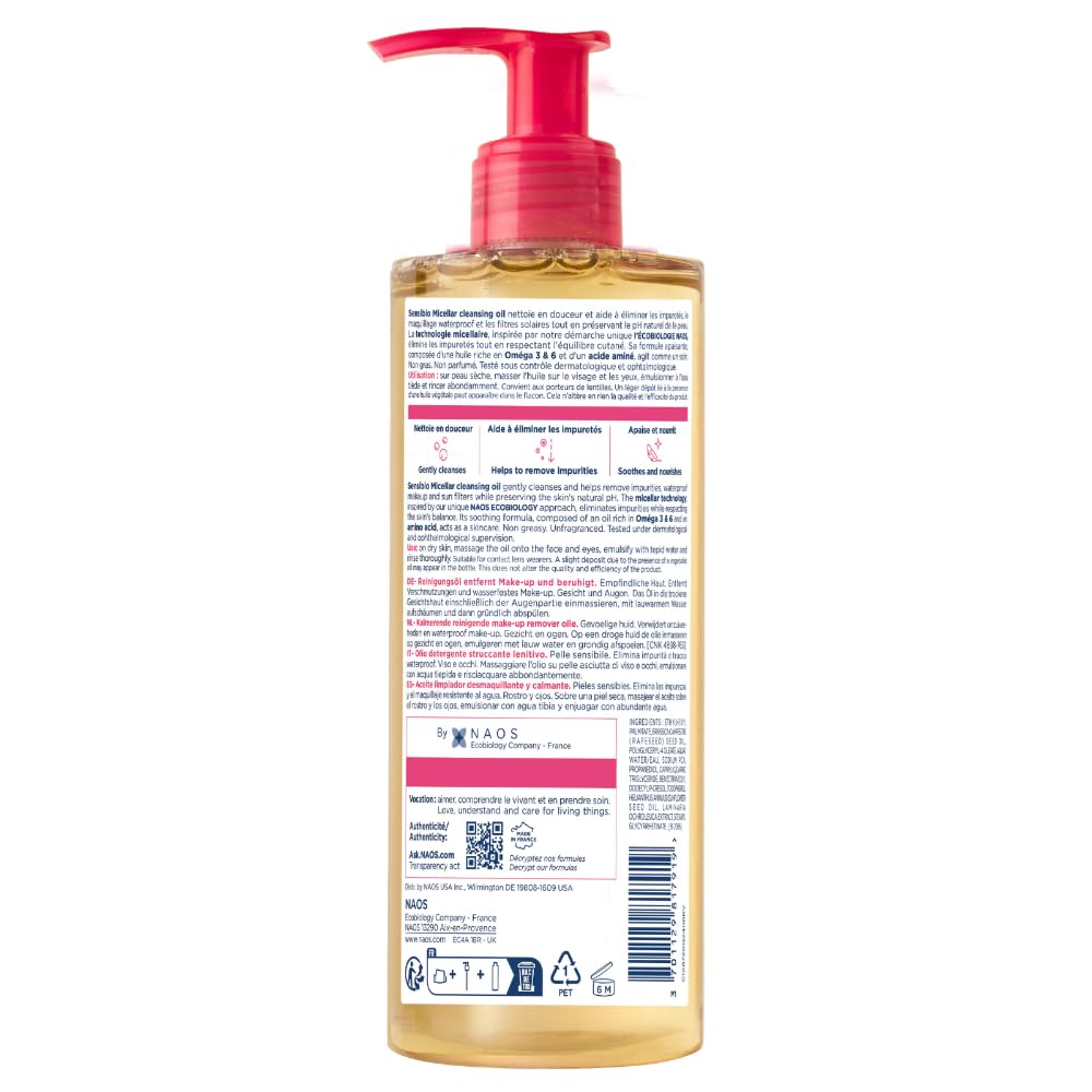 Bioderma Micellar Oil transitioning from oil to milk during cleansing for gentle makeup removal.