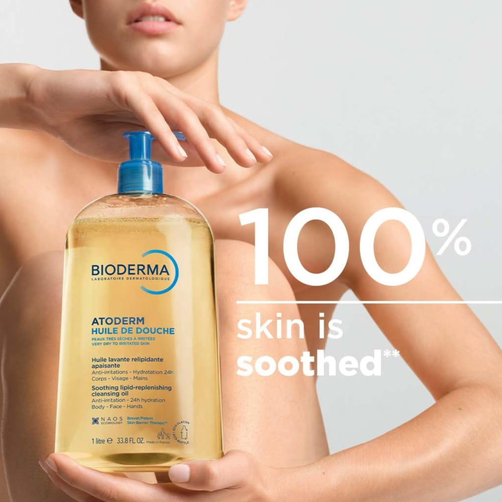 Bioderma Toderm Shower Oil being poured to reveal rich, nourishing texture