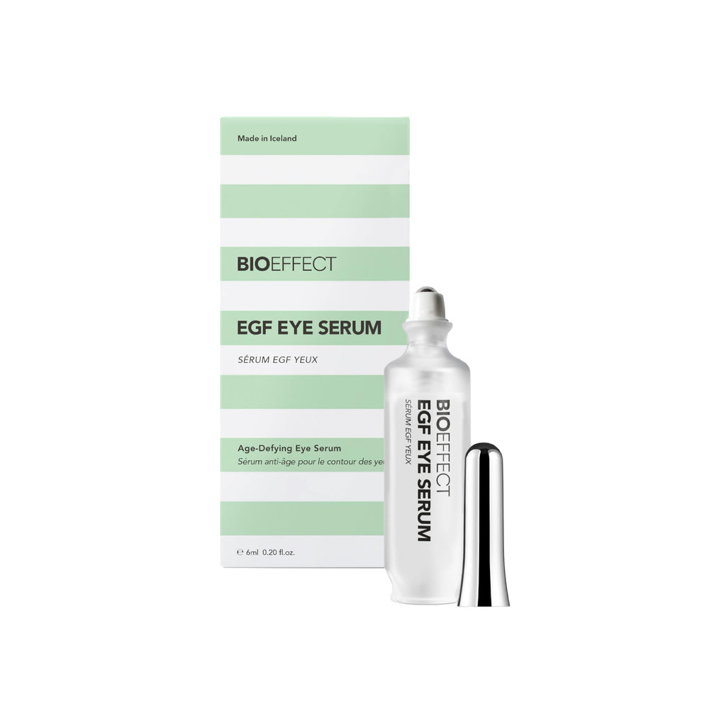 BIOEFFECT EGF Eye Serum with rollerball for cooling depuffing under-eye area.