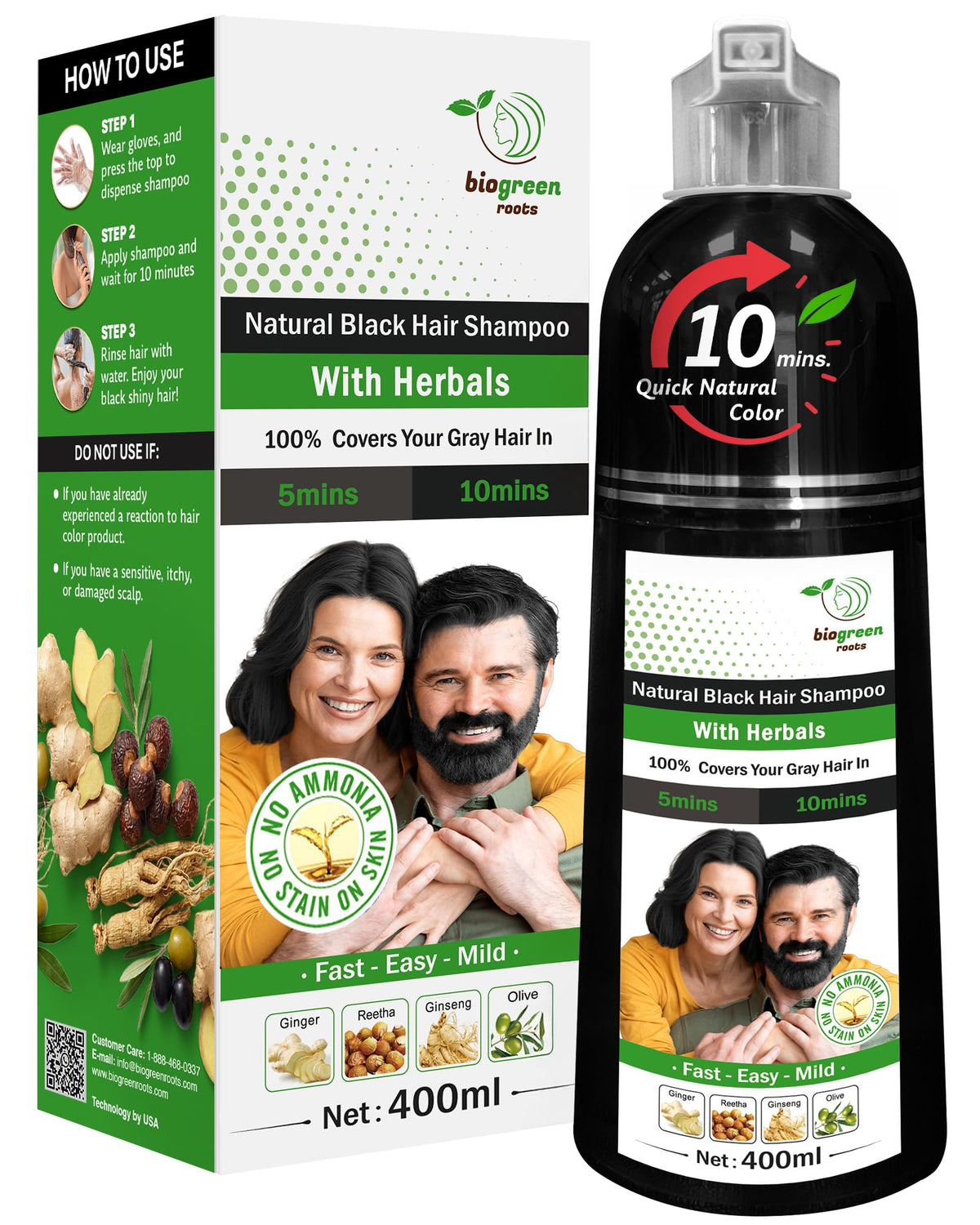 BIOGREEN ROOTS Natural Black shampoo bottle shows herbal color nourishment