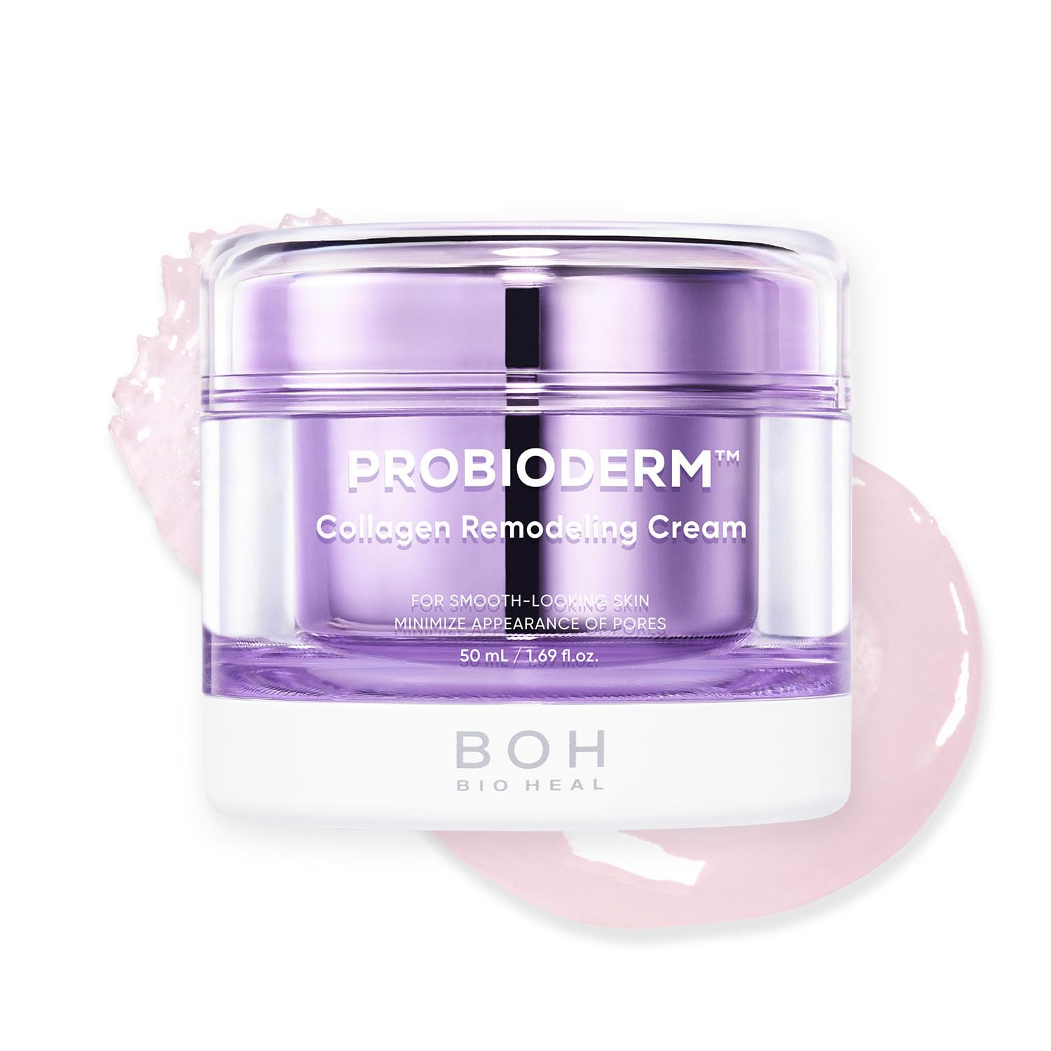 BIOHEAL BOH Probioderm cream jar close-up emphasizes collagen capsules for firming.