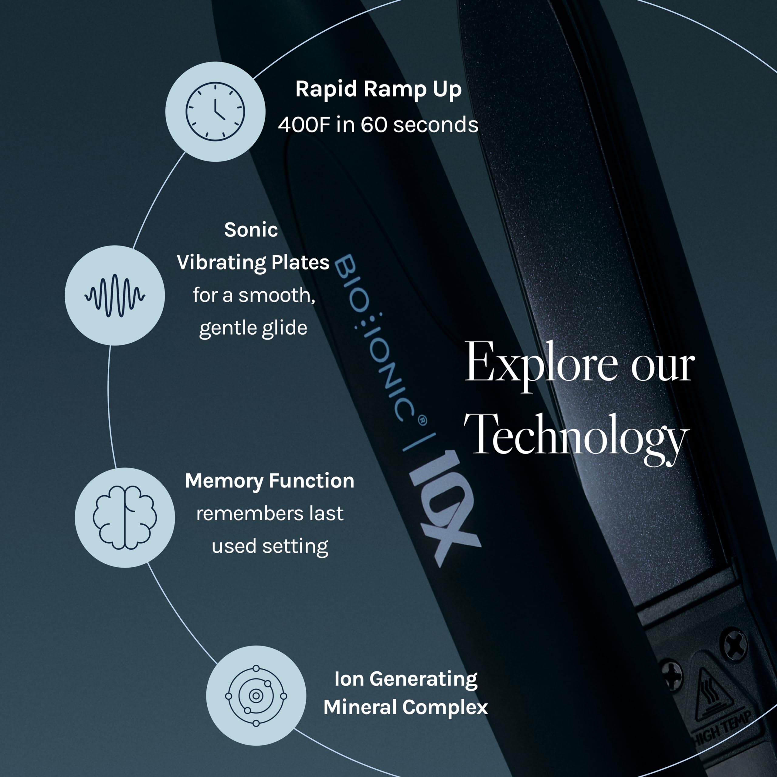 Bio Ionic 10X ion-mineral concept icon highlights moisture infusion during styling.