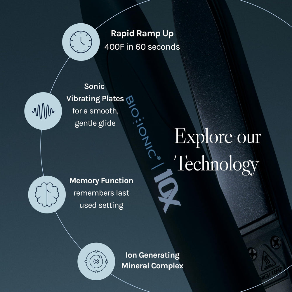 Bio Ionic 10X ion-mineral concept icon highlights moisture infusion during styling.
