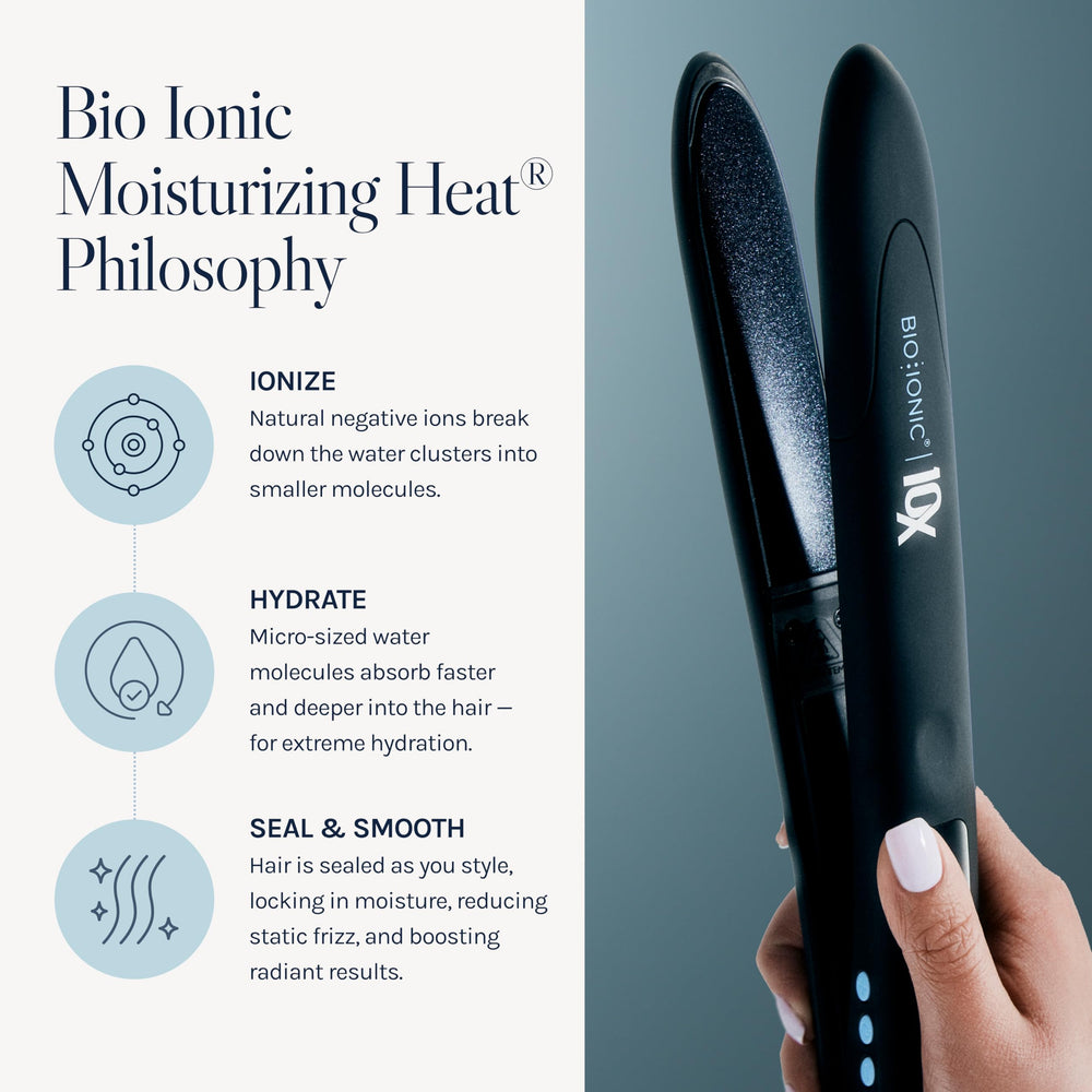Bio Ionic 10X plates closeup showing even heat distribution for frizz control.