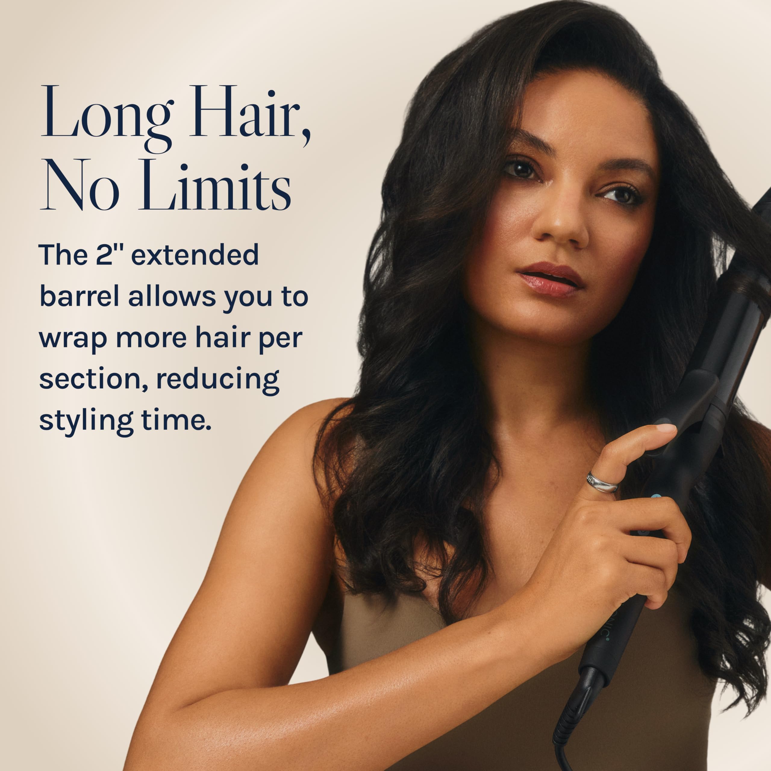 Bio Ionic long-barrel curler close-up highlighting heat technology for smooth styling