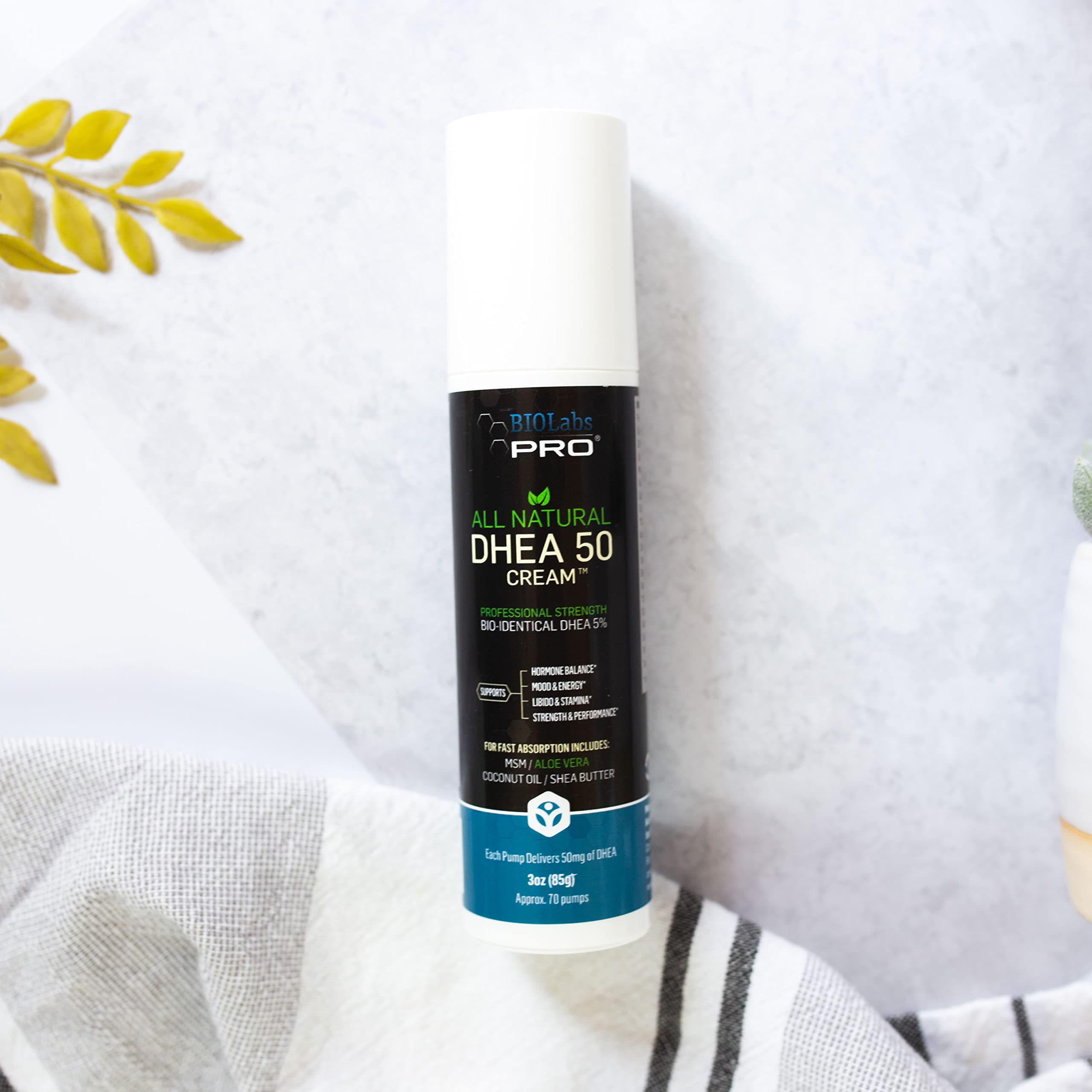 Application of BIOLABS PRO DHEA Cream on skin showing quick hydration and absorption.