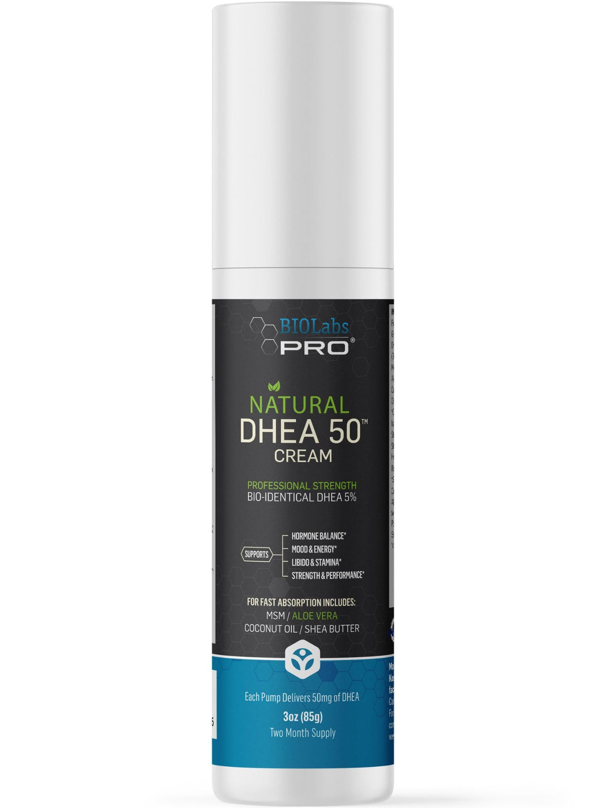 BIOLABS PRO DHEA Cream bottle with pump delivering 50mg per application for daily use.