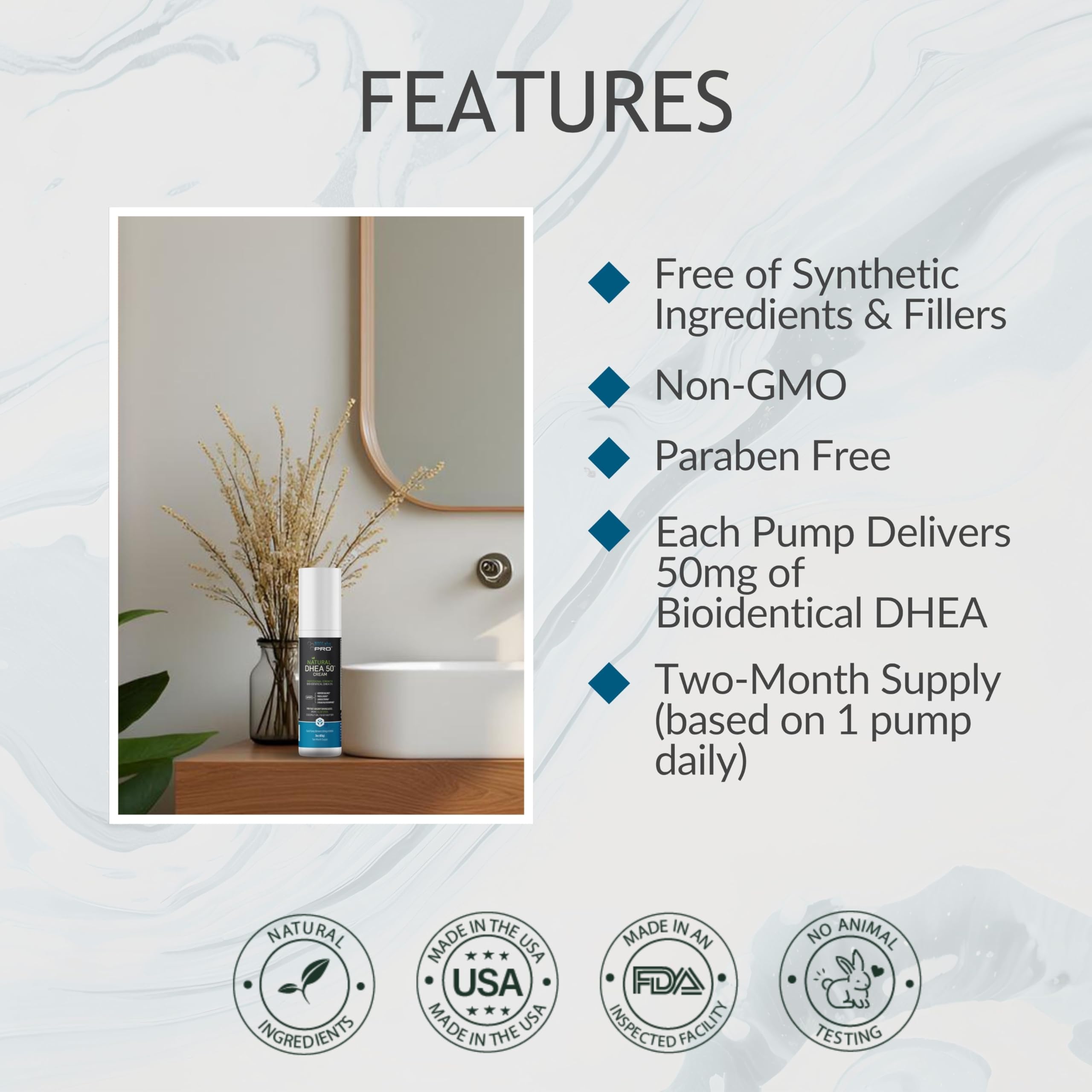 Ingredients panel of BIOLABS PRO DHEA Cream including MSM Aloe Shea and Coconut Oil.