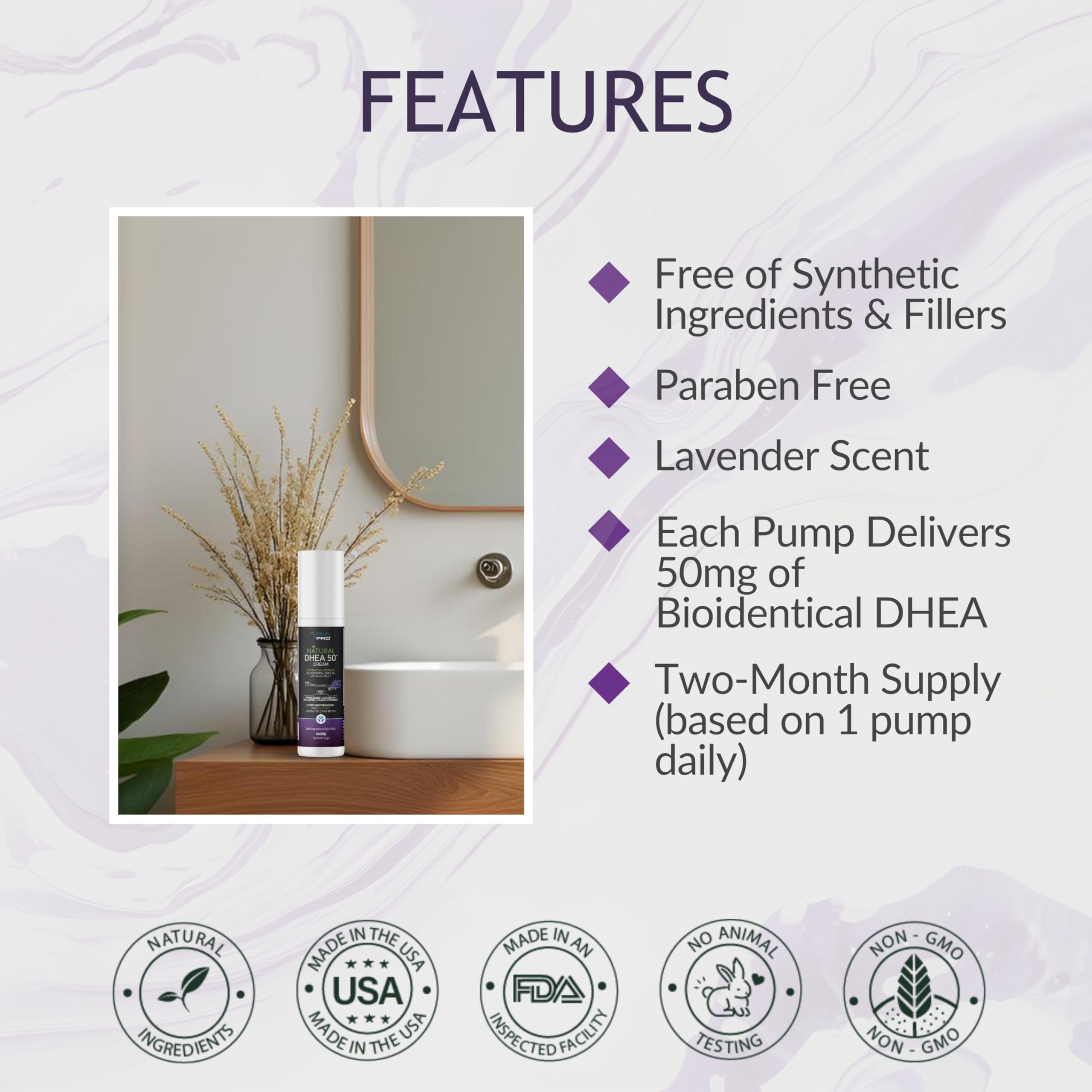BIOLABS PRO DHEA cream ingredients scene shows organic fenugreek, tribulus, maca.