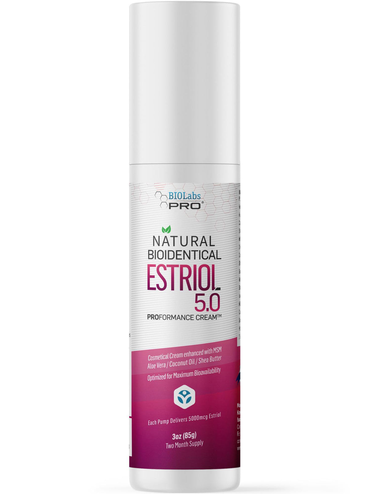 BIOLABS PRO Estri Cream bottle pour promotes daily moisturization for balanced skin.
