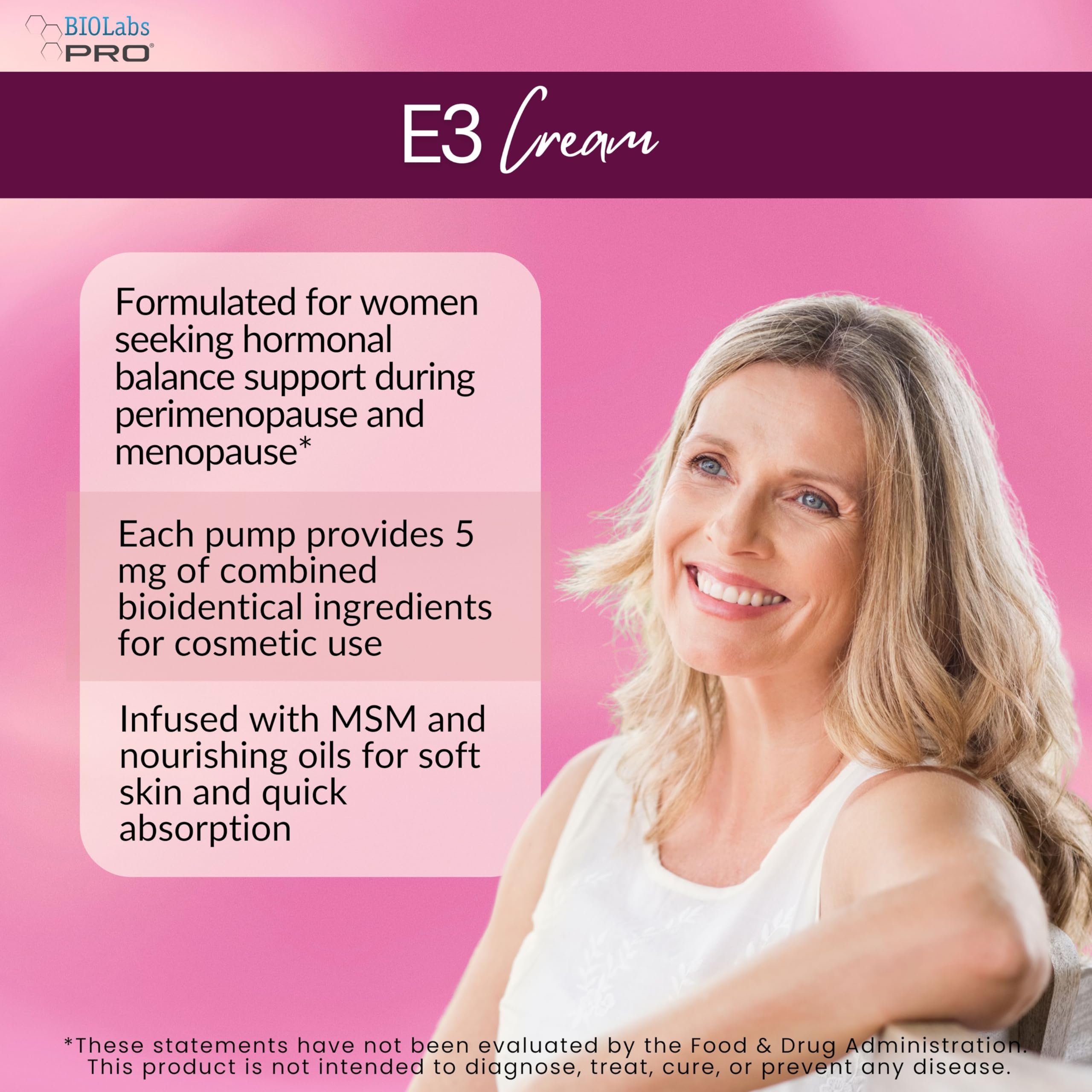 BIOLABS PRO Estri Cream texture close-up highlights silky, fast-absorbing hydration.