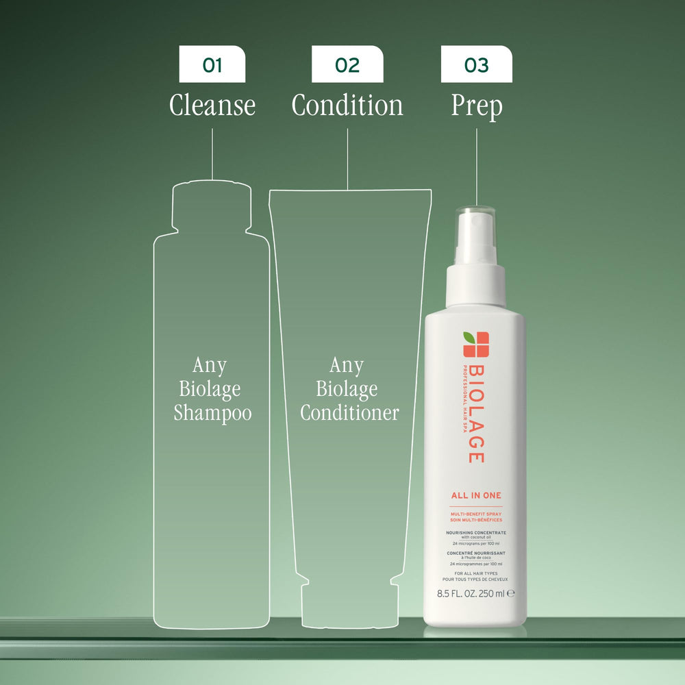 Biolage All-In-One coconut oil drops provide nourishing moisture.