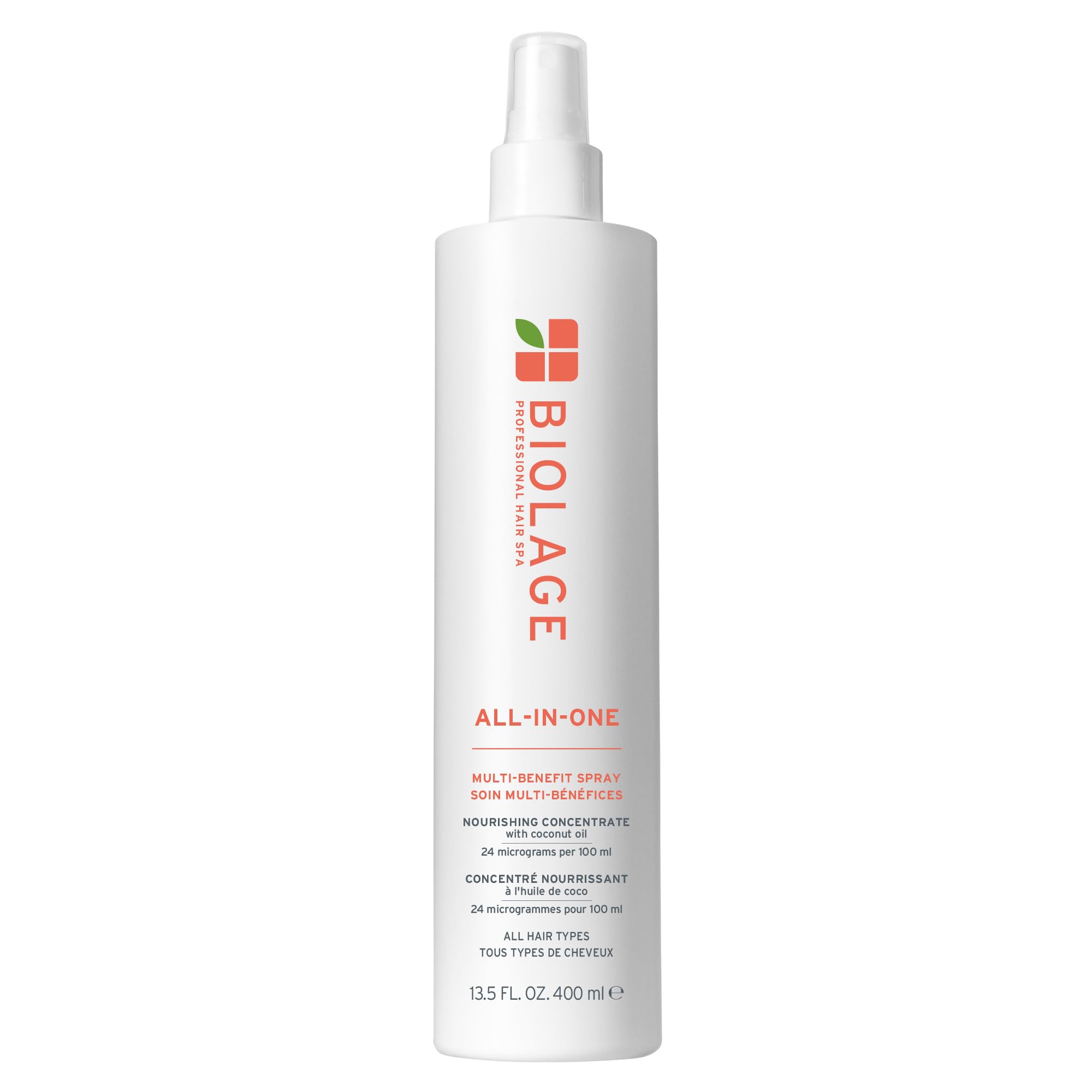 Biolage All-In-One Spray bottle shows lightweight hydration and multi-benefit care for hair.