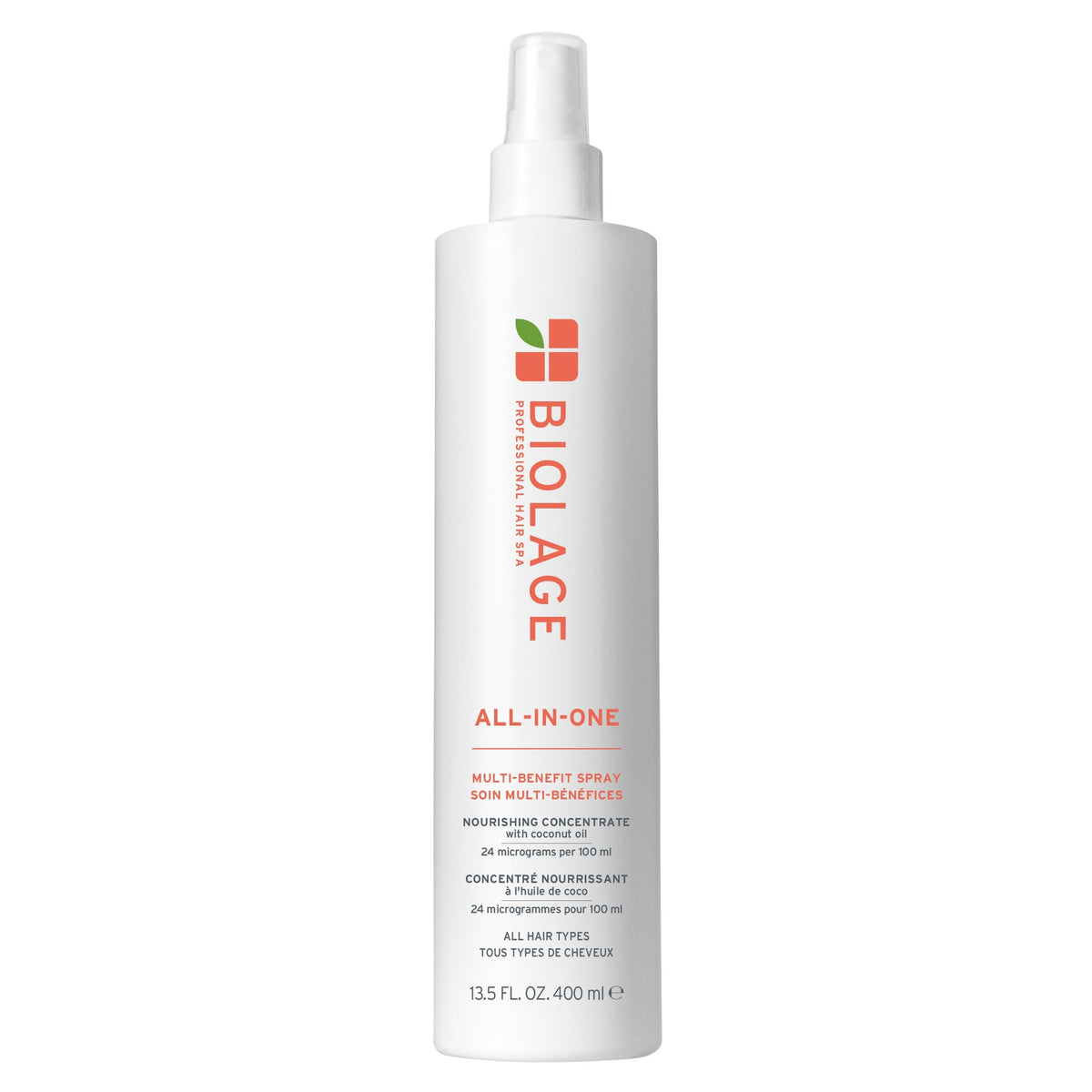 Biolage All-In-One Spray bottle shows lightweight hydration and multi-benefit care for hair.