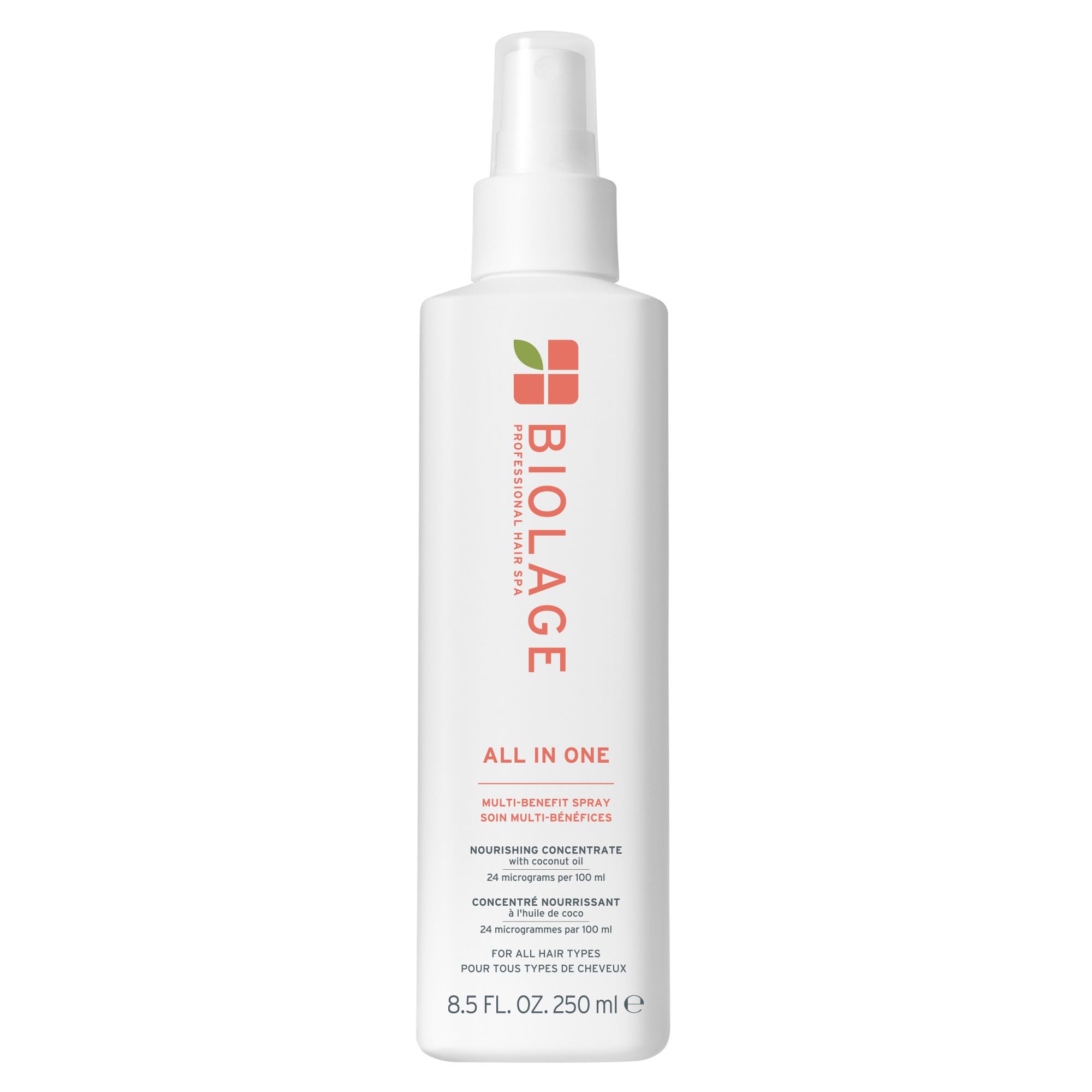 Biolage All-In-One Multi-Benefit Spray bottle shows lightweight conditioning and heat protection.