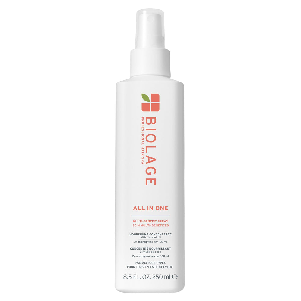 Biolage All-In-One Multi-Benefit Spray bottle shows lightweight conditioning and heat protection.