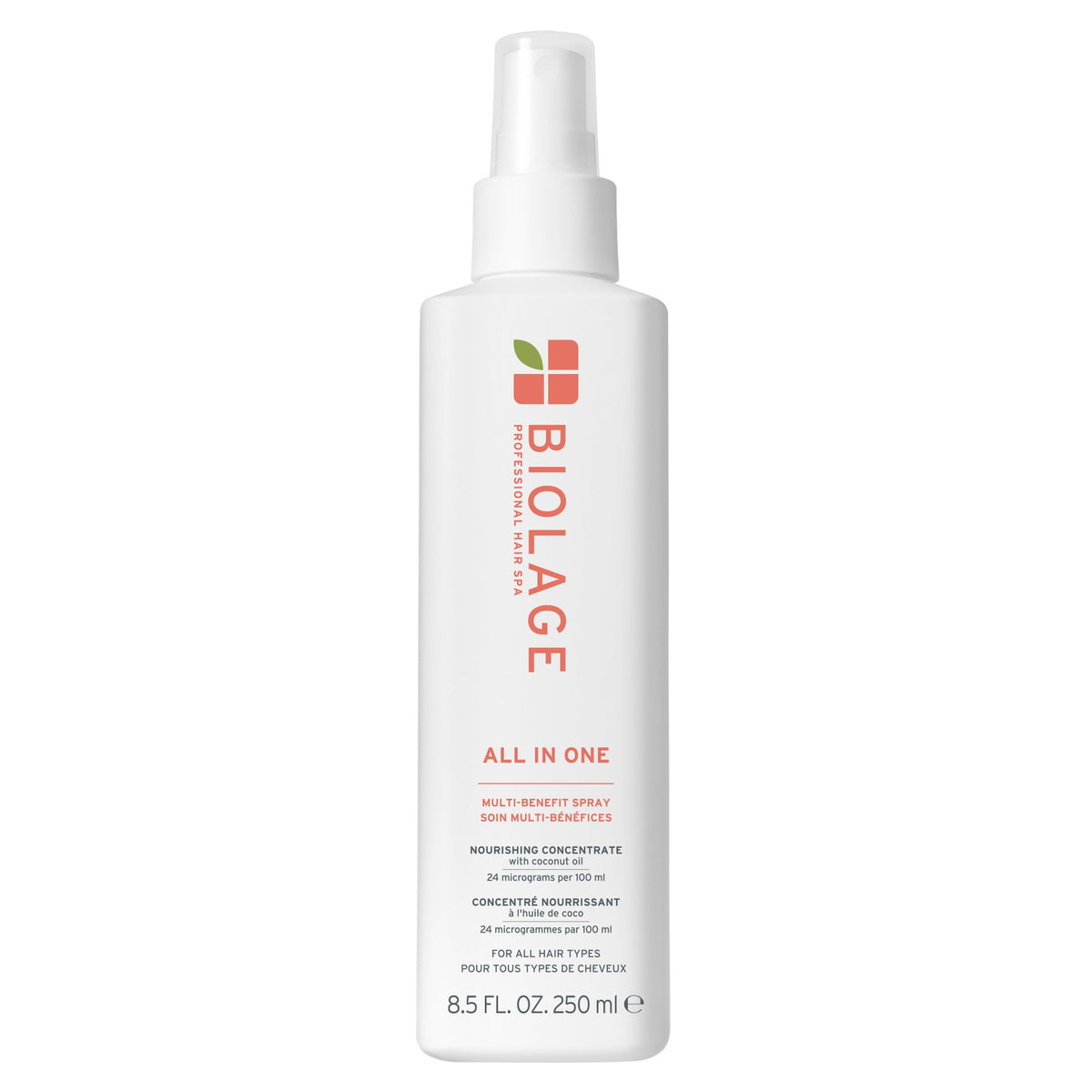 Biolage All-In-One Multi-Benefit Spray bottle shows lightweight conditioning and heat protection.
